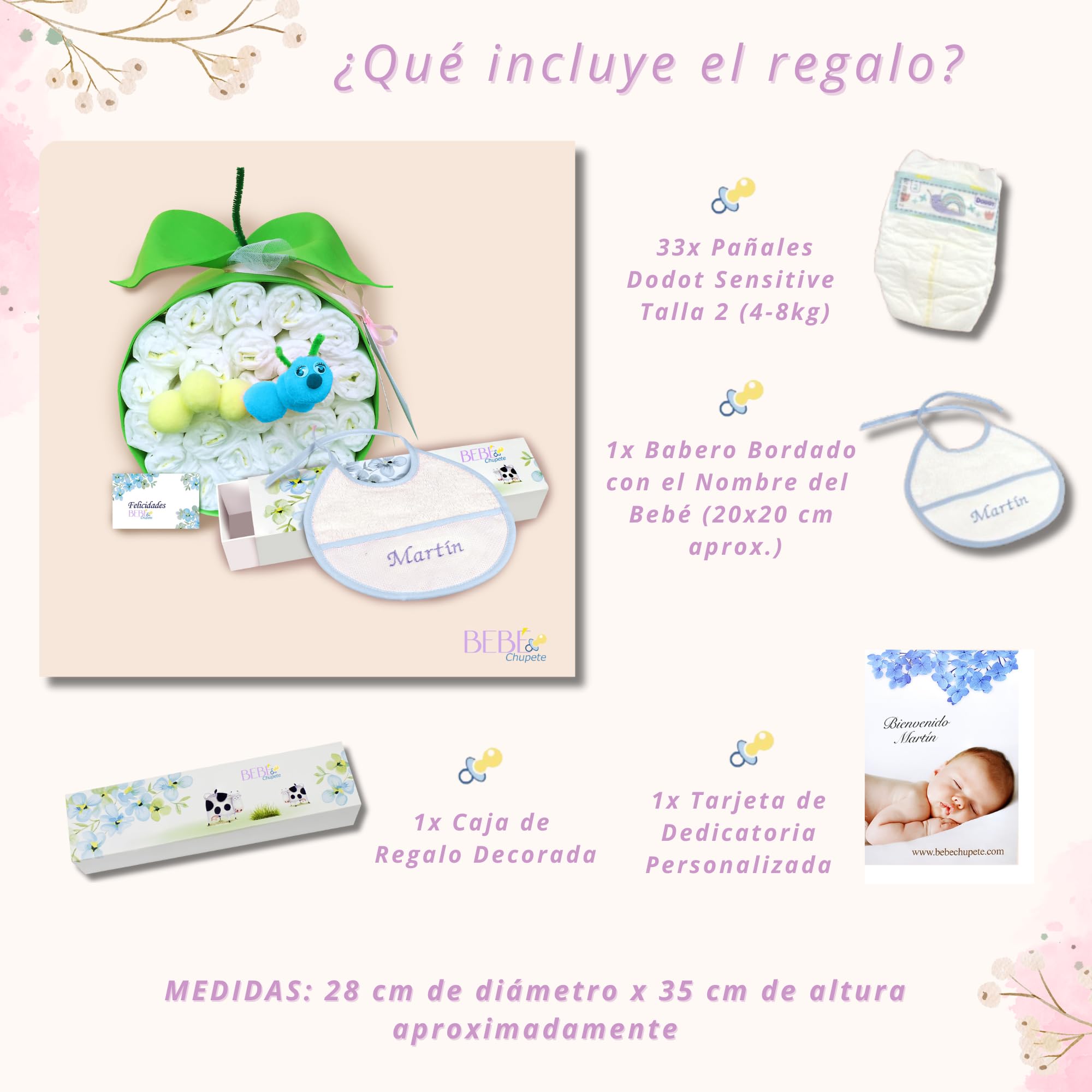 BEBÉCHUPETE Tarta de Pañales Personalizada DODO T Sensitive 33 Pañales - Canastilla bebe recien nacido - Regalo bebe recien nacido niño/a - Cesta bebe niño -Regalos bebes (Azul)