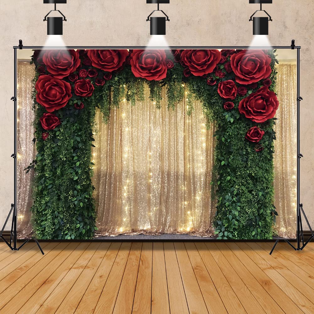 10x8ft Gold Sequin Backdrop Red Rose Green Tree Vine Decoration Backdrop for Wedding Birthday Anniversary Engagement Baby Shower Event Decor Banner