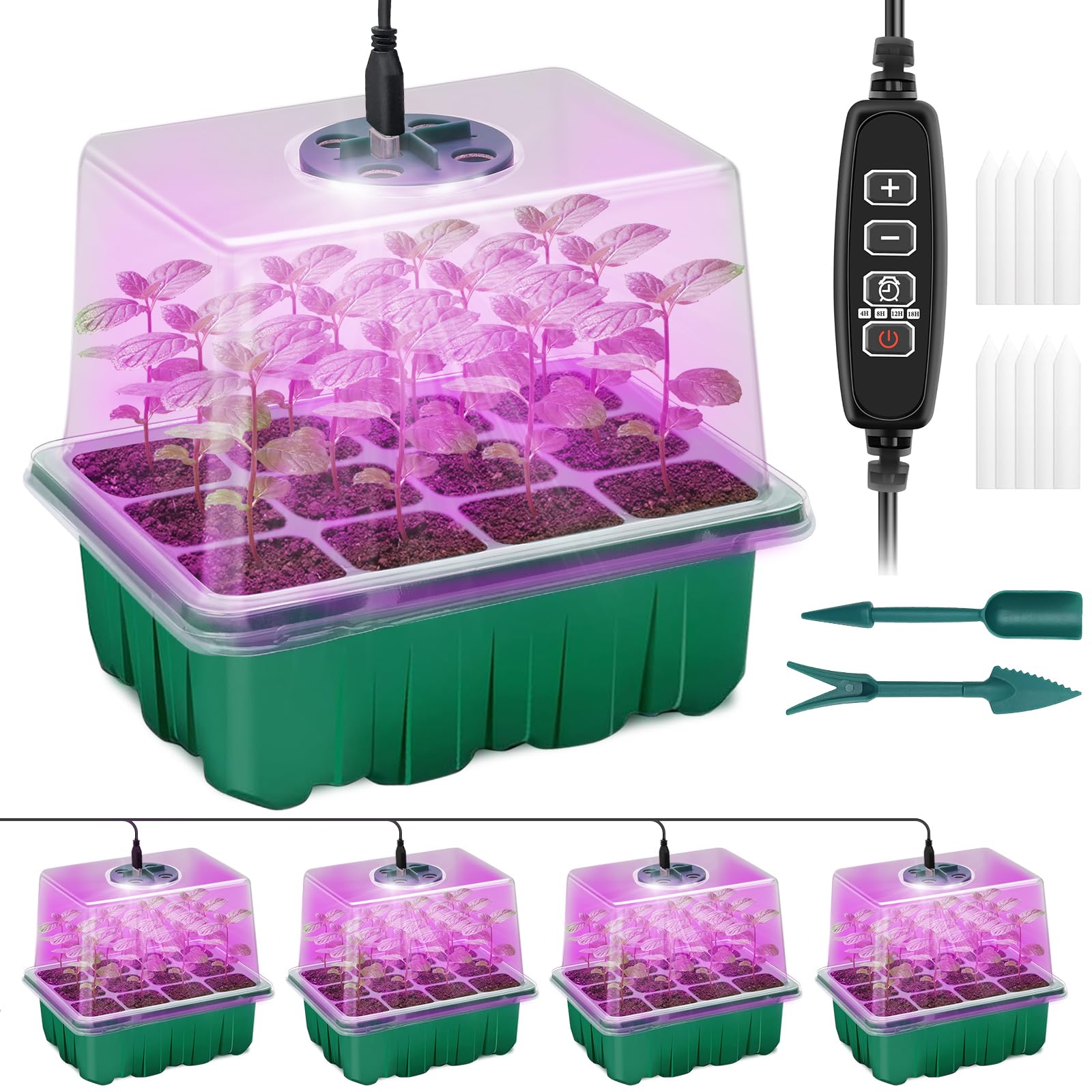 Qoolife Indoor Greenhouse Propagation Box, 4 Pieces Mini Greenhouse Propagation Set with Raised Lid, Seedling Starter with Plant Lights with Full
