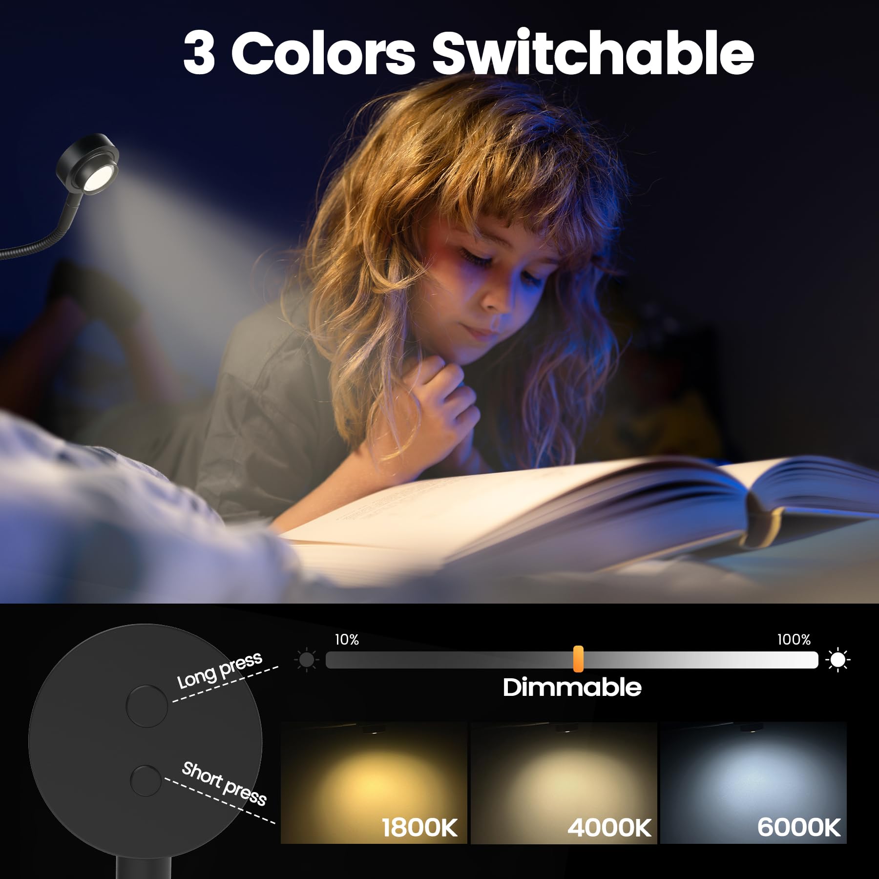 Luz de lectura flexible magnética, 3 colores de luz regulables, cuello de cisne, luz LED para lectura, trabajo, estudio, manualidades, regalos para amantes de los libros, adaptador USB-C CRI95