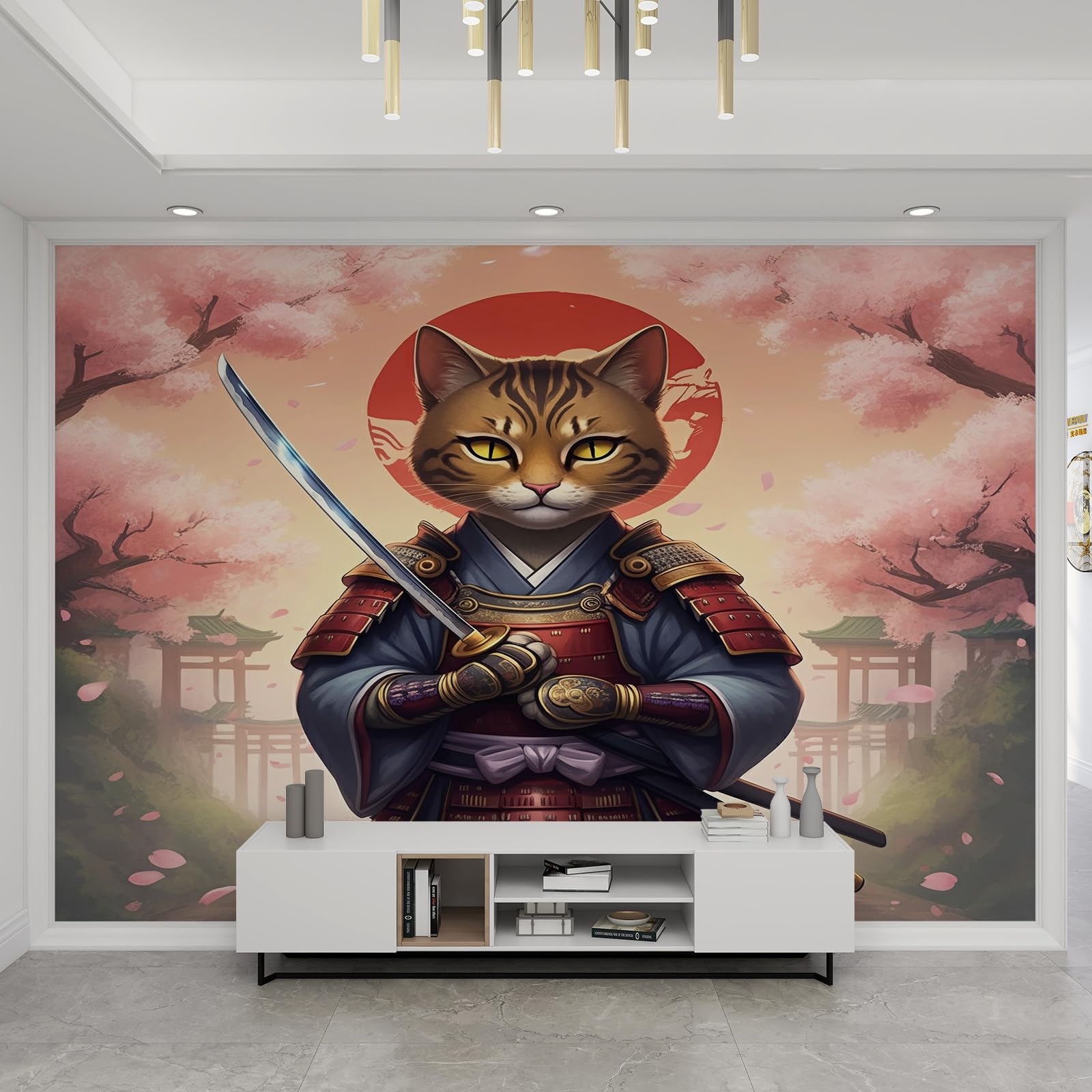 Papier peint panoramique samouraï japonais au design raffiné de chat guerrier 3D