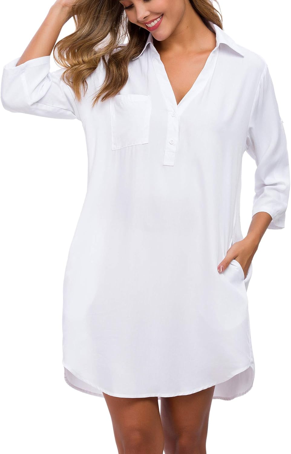 MANAIXUAN Shirt Dresses for Women 3/4 Sleeve V Neck Oversized Button Down Boyfriend Casual Tunic Dress - Image 4