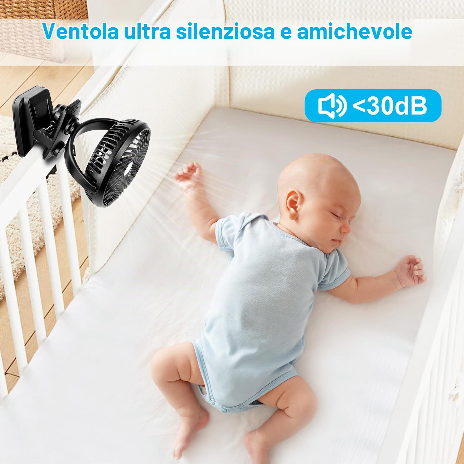 ELZO Ventilatore da scrivania USB a clip, 20000 mAh, ricaricabile a batteria, luce LED, rotazione a 360°, velocità continua, super silenzioso, portatile, per ufficio, passeggino, auto, campeggio