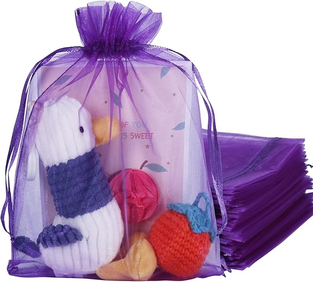 100PCS Purple Organza Bags Medium Large, 17X23CM Mesh Favour Bags with Drawstring for Jewelry Candy Baby Shower Christmas Festival Packing