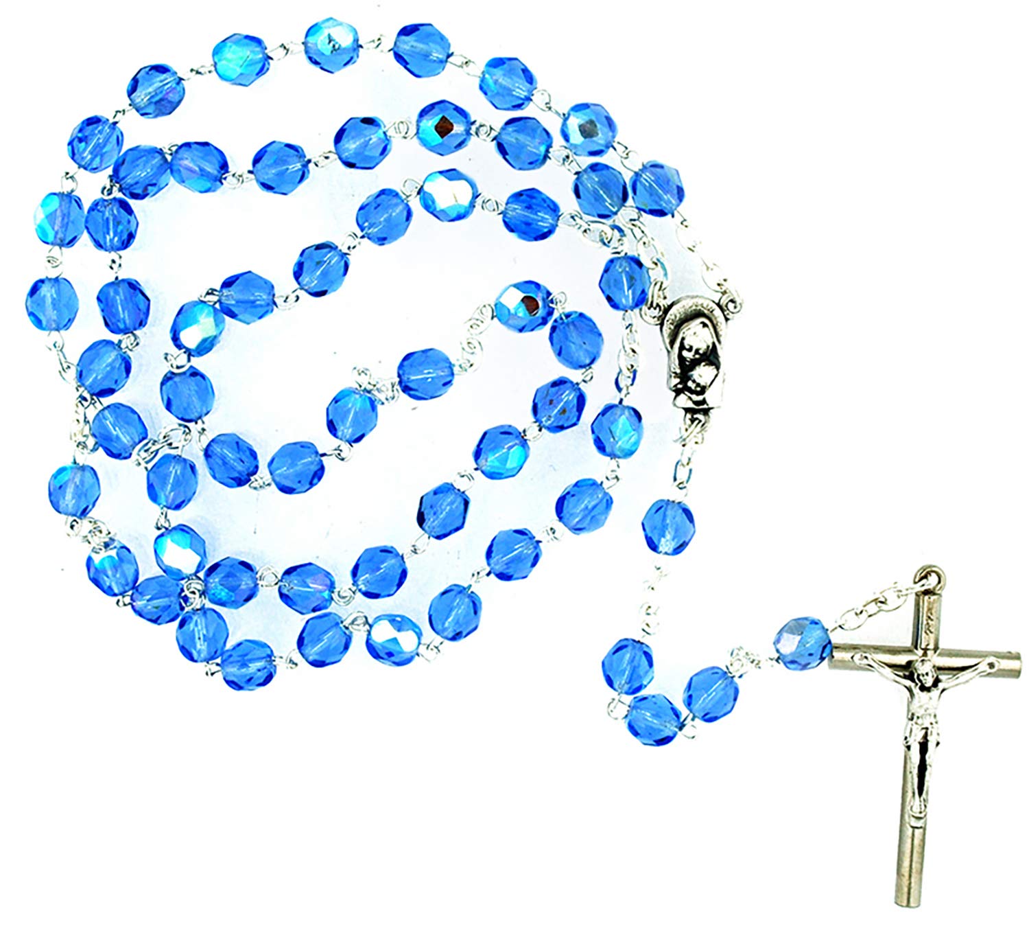 VILLAGE GIFT IMPORTERS Catholic Rosary with Crystal Glass Beads, Made in Italy (Blue)