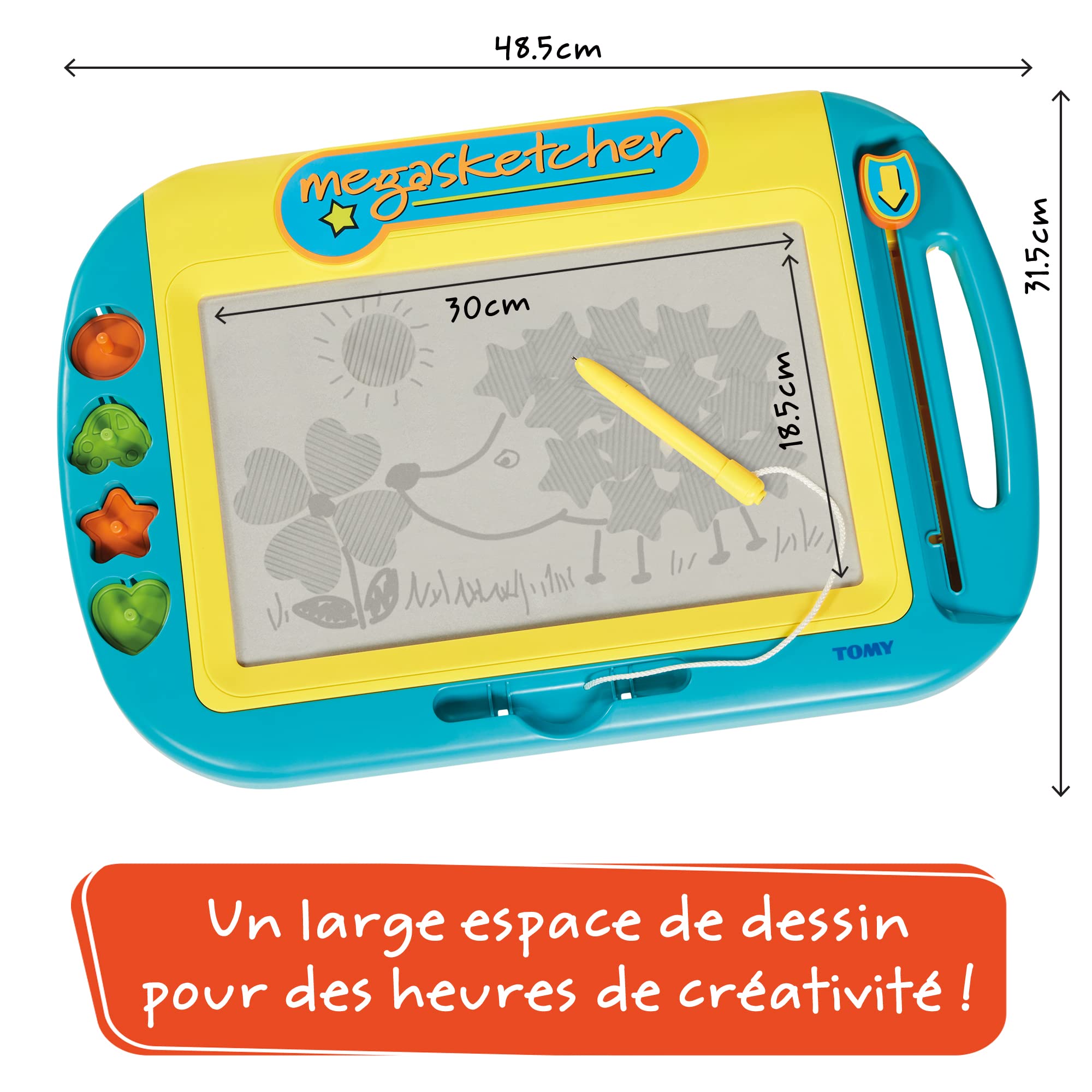 Megasketcher TOMY Motorised, magnetyczna tablica do rysowania, dla dzieci, duża podkładka do pisania z magiczną gumką, gry podróżne dla dzieci w wieku od 3 lat, 45 x 30 cm