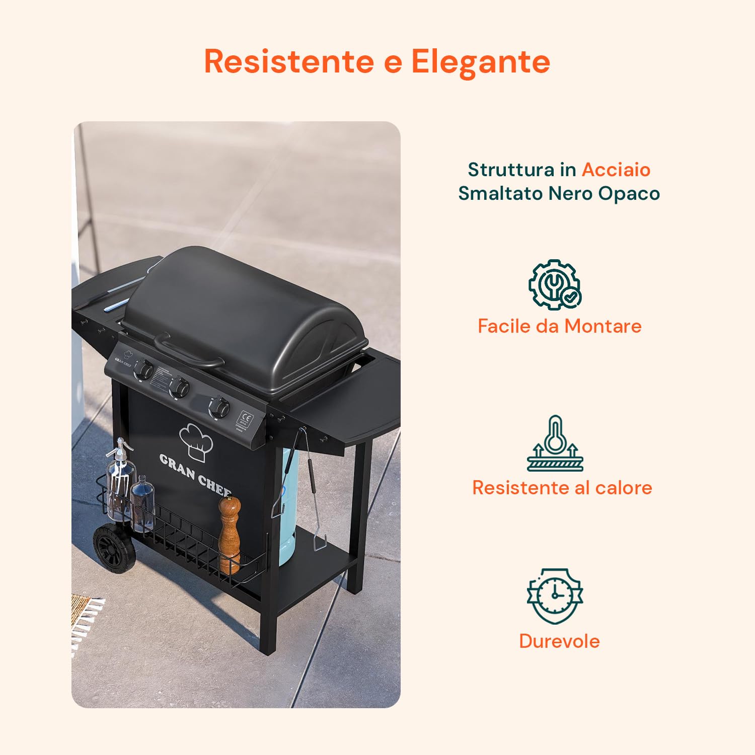 Avilia Barbecue a Gas 3 Fuochi Thomas – BBQ da Esterno in Acciaio Nero con Griglia Inox, Termometro, Cappa, Accensione Piezoelettrica e Ruote, Barbecue a Gas Esterno Compatto e Potente