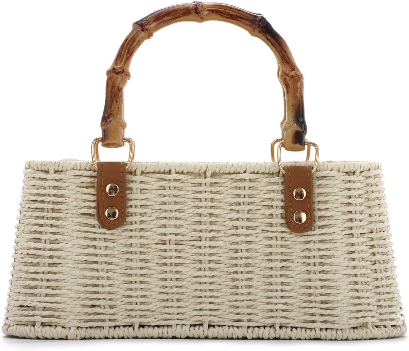 Oweisong Wicker Rattan Bag for Women Summer Beach Woven Straw Handbag | Bamboo Handle, Square Tote Bag, Basket Purse, for Vacation, with Chain
