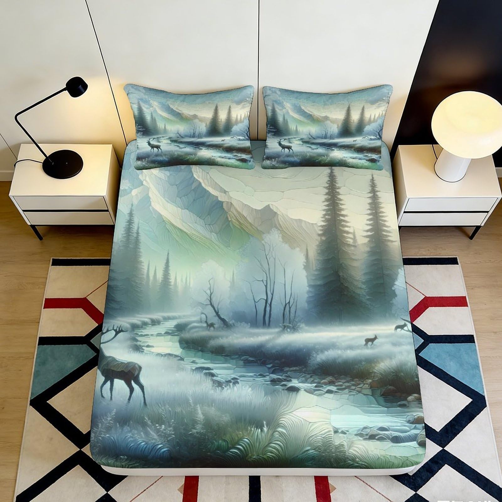 3D Printed Forest Mountain Landscape Fitted Sheet Microfiber Soft Breathable River Deer Mattress Cover Bedroom Decor 90x200x25cm