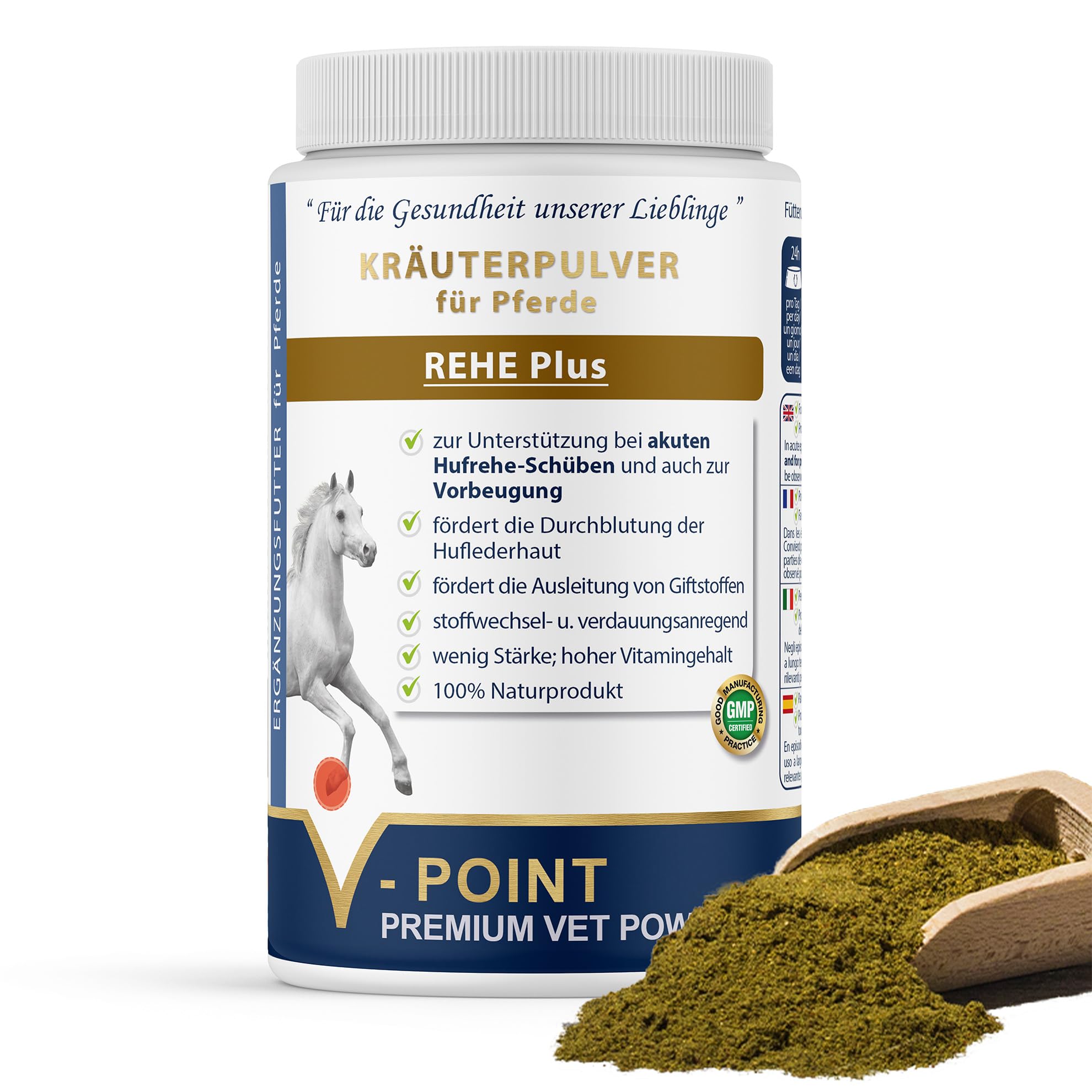 V-POINT REHE Plus bei akuten Hufrehe-Schüben zur Vorbeugung fördert Durchblutung der Huflederhaut - Hagebuttenpulver Mariendistel Spirulina (450 g)