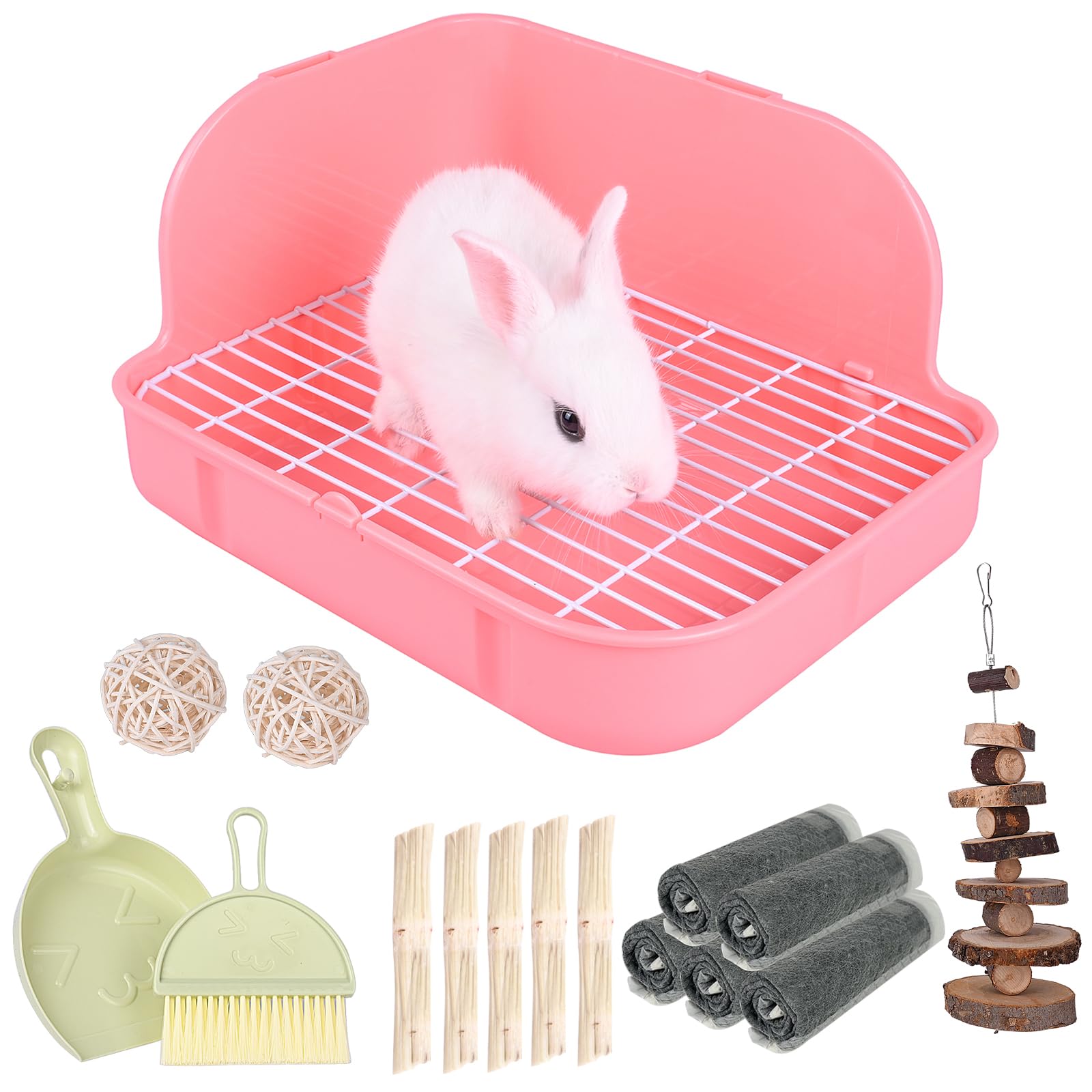 WYOK Caja de arena para conejo, caja de plástico cuadrada para orinal, caja de arena de esquina para animales pequeños, conejos, cobayas, chinchilla, hurones, galesaur, 11.4 pulgadas (rosa)