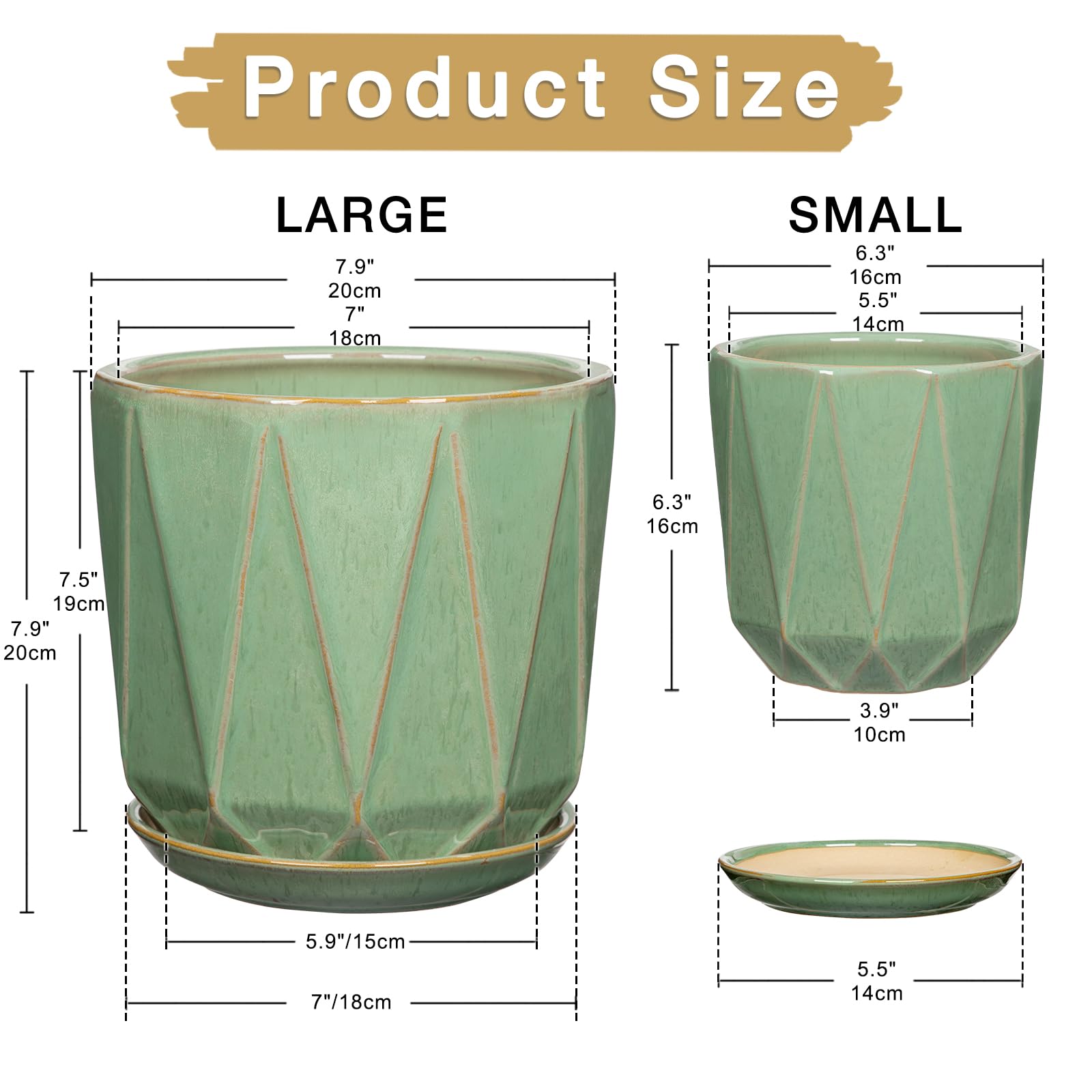 Oairse Macetas de cerámica para plantas, macetas de 8 + 6 pulgadas con agujeros de drenaje y platillos, macetas grandes de cerámica verde, maceta decorativa para plantas de interior y exterior