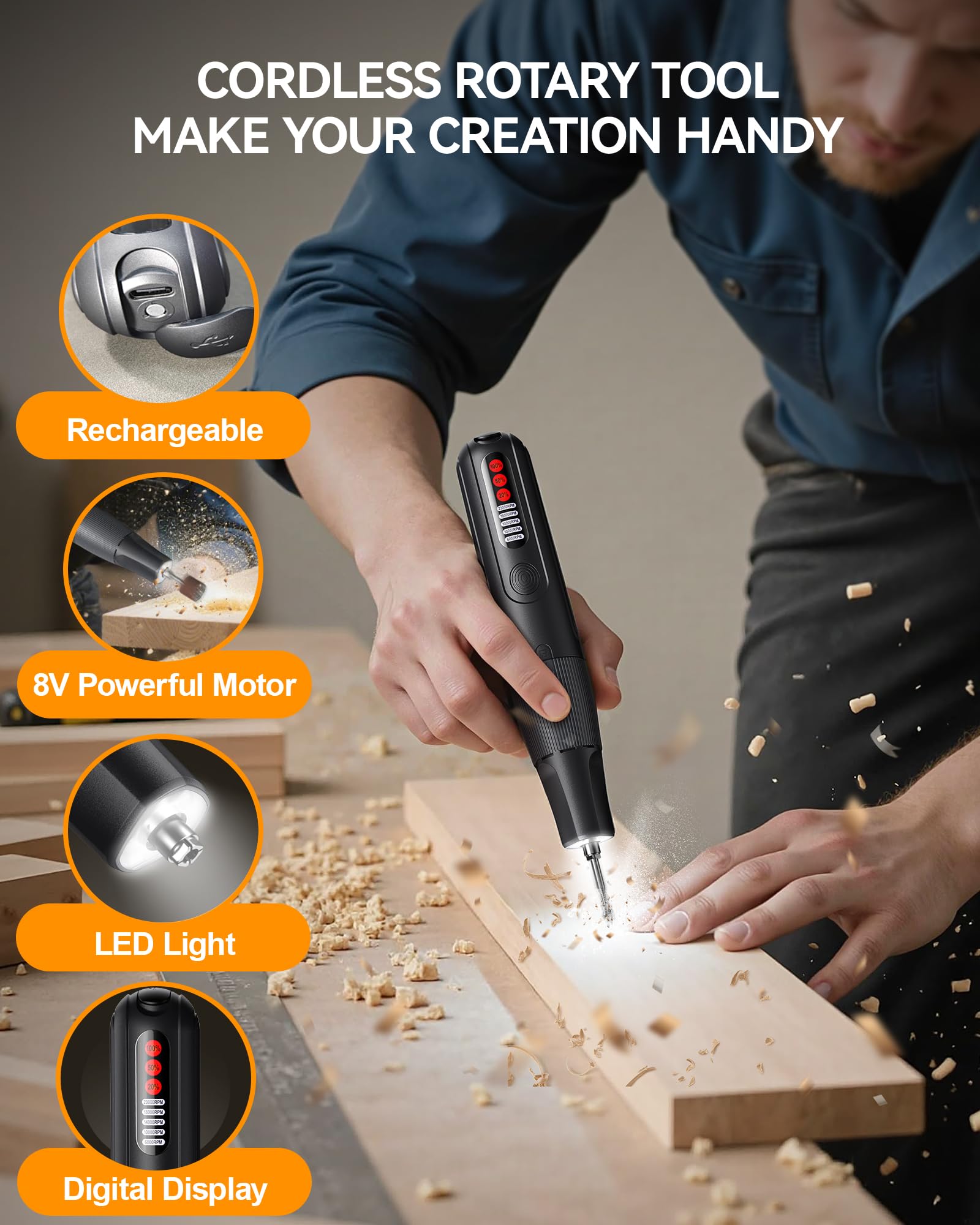 ZoCCee Power Cordless Rotary Tool- 8V Multi Tool with 5 Variable Speed Display Type-C Charging - Image 2
