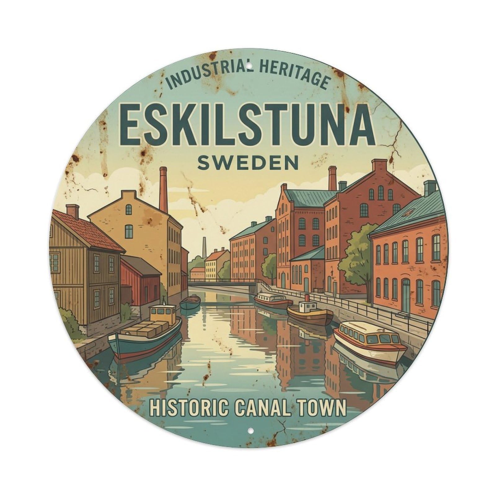 Vintage Travel Eskilstuna Sweden Town Metal Tin Sign