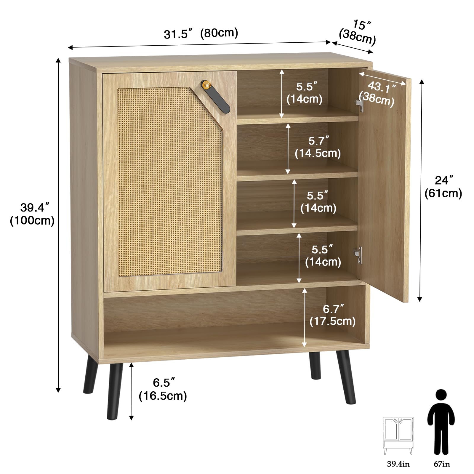 Rattan Schuhschrank mit 2 Türen, Schuhkommode für 15-20 Paar Schuhe, Schuhkipper mit Verstellbaren Regalen, Kippschutz, für Eingang, Flur, Wohnzimmer, Holz 80 x 38 x 100 cm