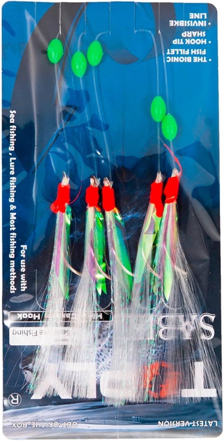 6 Packs Feather Rigs – Total 30 Hooks, High-Carbon Steel Sea Fishing Lures with Luminous Beads – for Mackerel, Bass, Pollock, Cod, Herring – Complete Ready-to-Use Saltwater Tackle