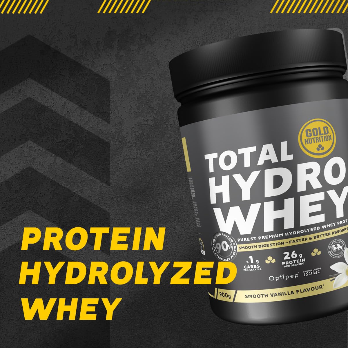 GOLDNUTRITION | TOTAL HYDRO WHEY 900 G | OPTIPEP 90® (Hidrolizado de aislado de proteína de suero de la leche) (VAINILLA)