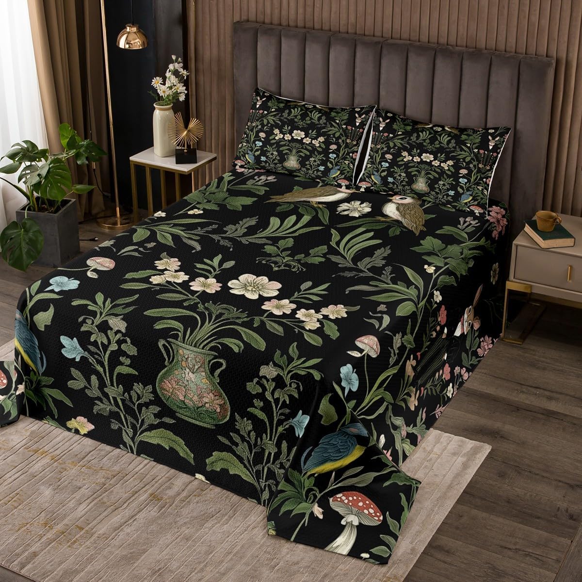 Erosebridal Victorian Damask Animal Print Coverlet Set Black Damask Queen Quilt Set, Vintage Antique Baroque Kids Bedspread Set Boho Flower Exotic Leaves Bed Set Bedroom Decor