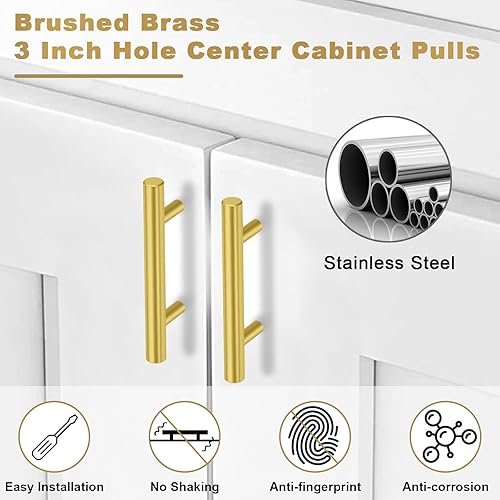 Miniatura 3 de Paquete de 30 manijas de latón cepillado doradas para armarios con agujero central de 3 pulgadas, manijas de acero inoxidable para cajones,
