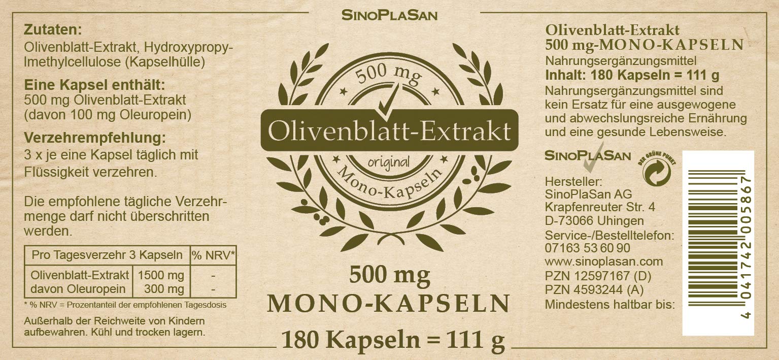 SinoPlaSan Olivenblattextrakt Kapseln 500mg Mono-Kapseln 180 Stk