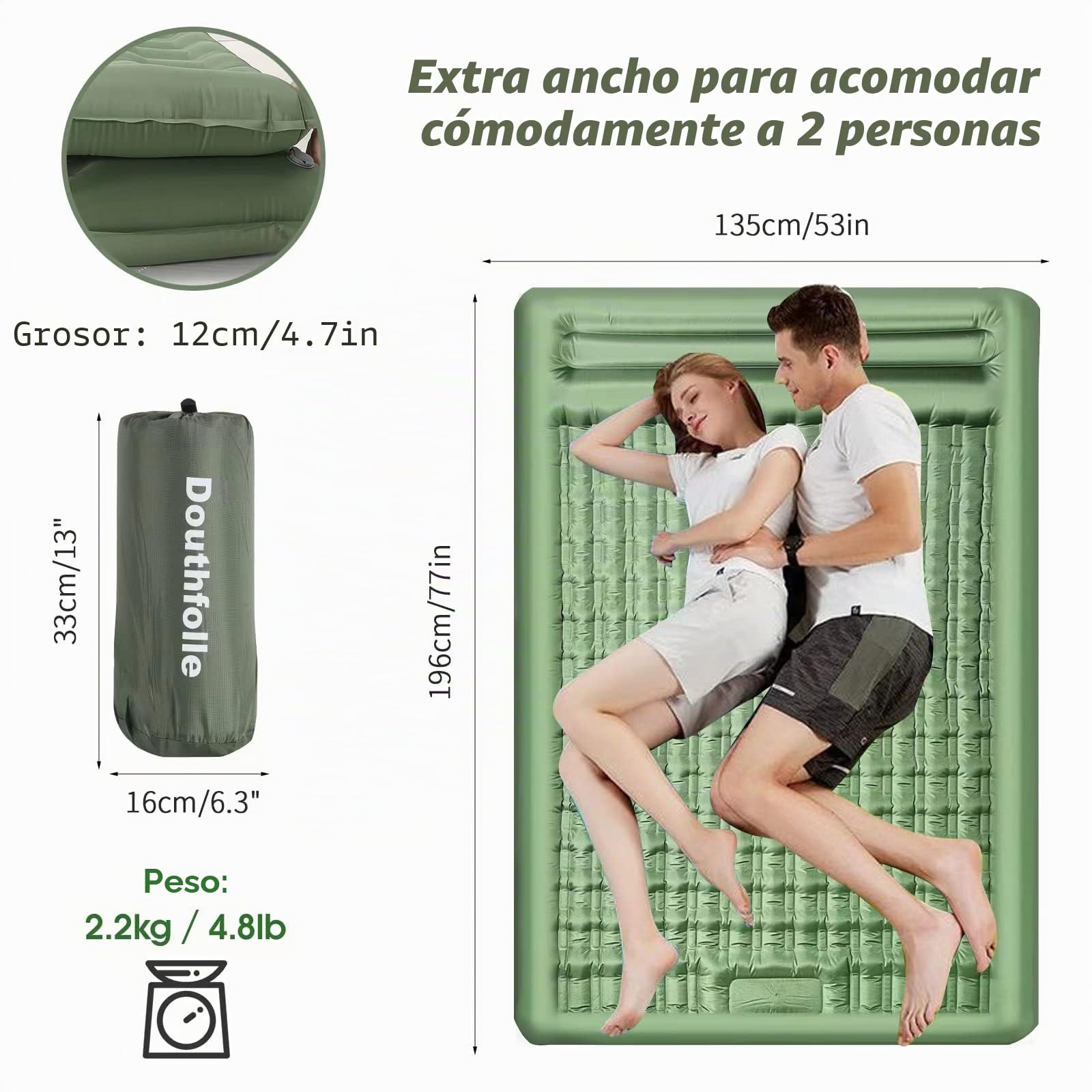 Esterilla Camping Inflable,Dothfolle Esterilla de Camping Doble Colchoneta Doble Inflable de Espesor 12cm para 2 Personas para Mochileros,Caminatas,Tiendas de Campaña,Viajes