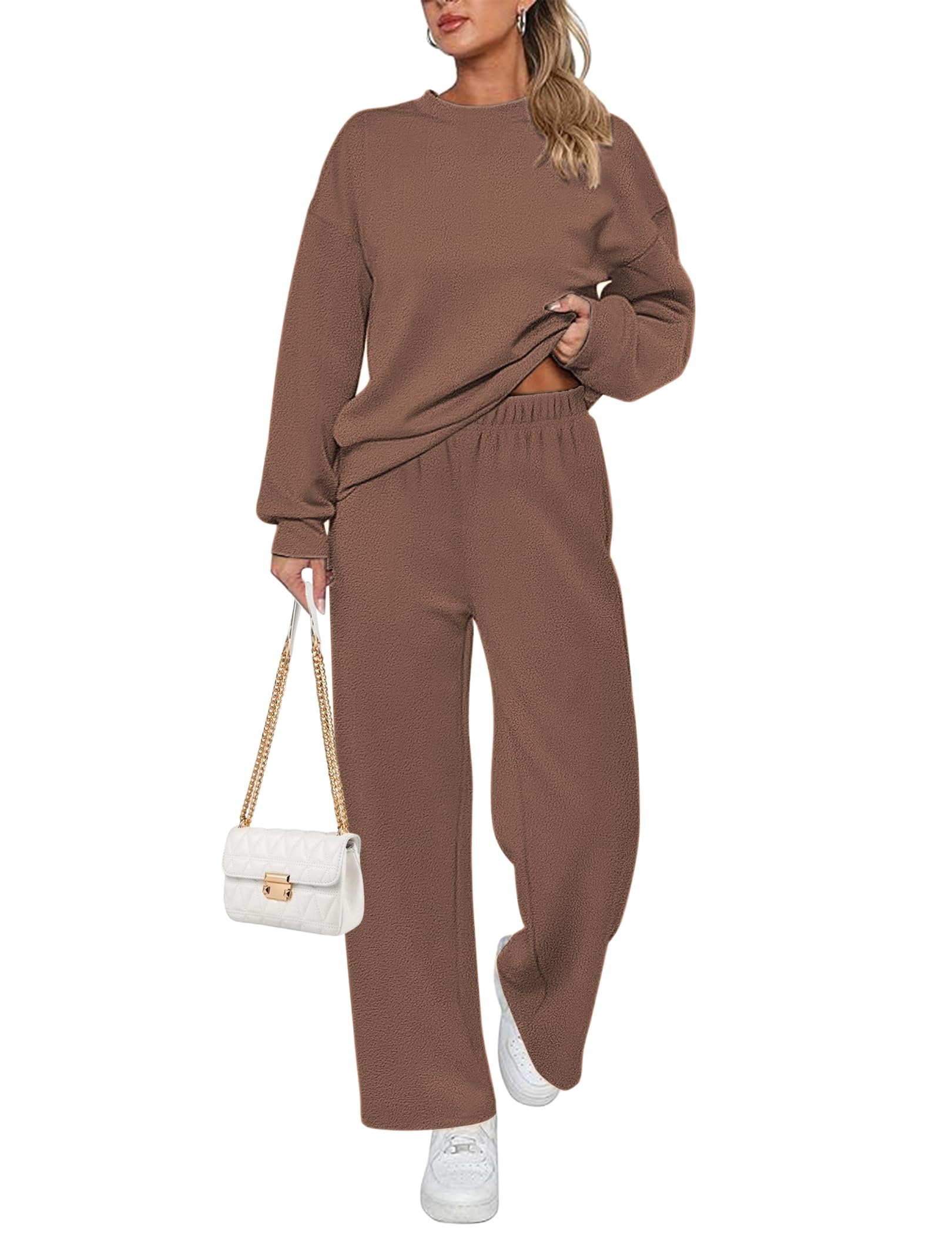 Ekouaer Womens Pajama Sets Fuzzy Fleece Long Sleeve Sleepwear Comfy Pjs 2 Piece Lounge Set Nightwear with Poeckts