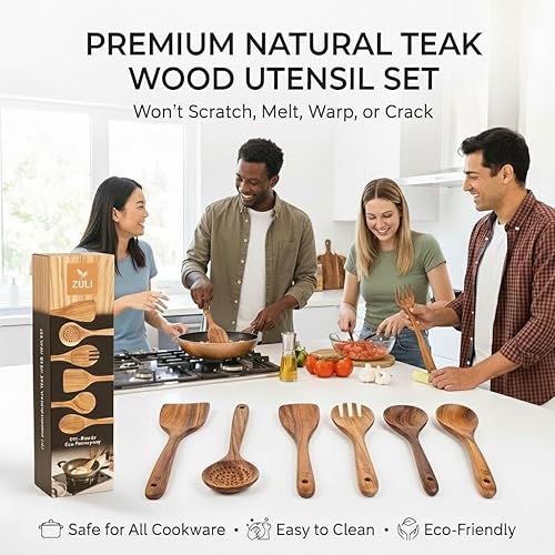 Miniatura 2 de Juego de utensilios de cocina de madera de teca de 6 piezas, cucharas y espátulas para utensilios de cocina antiadherentes, herramientas de cocina