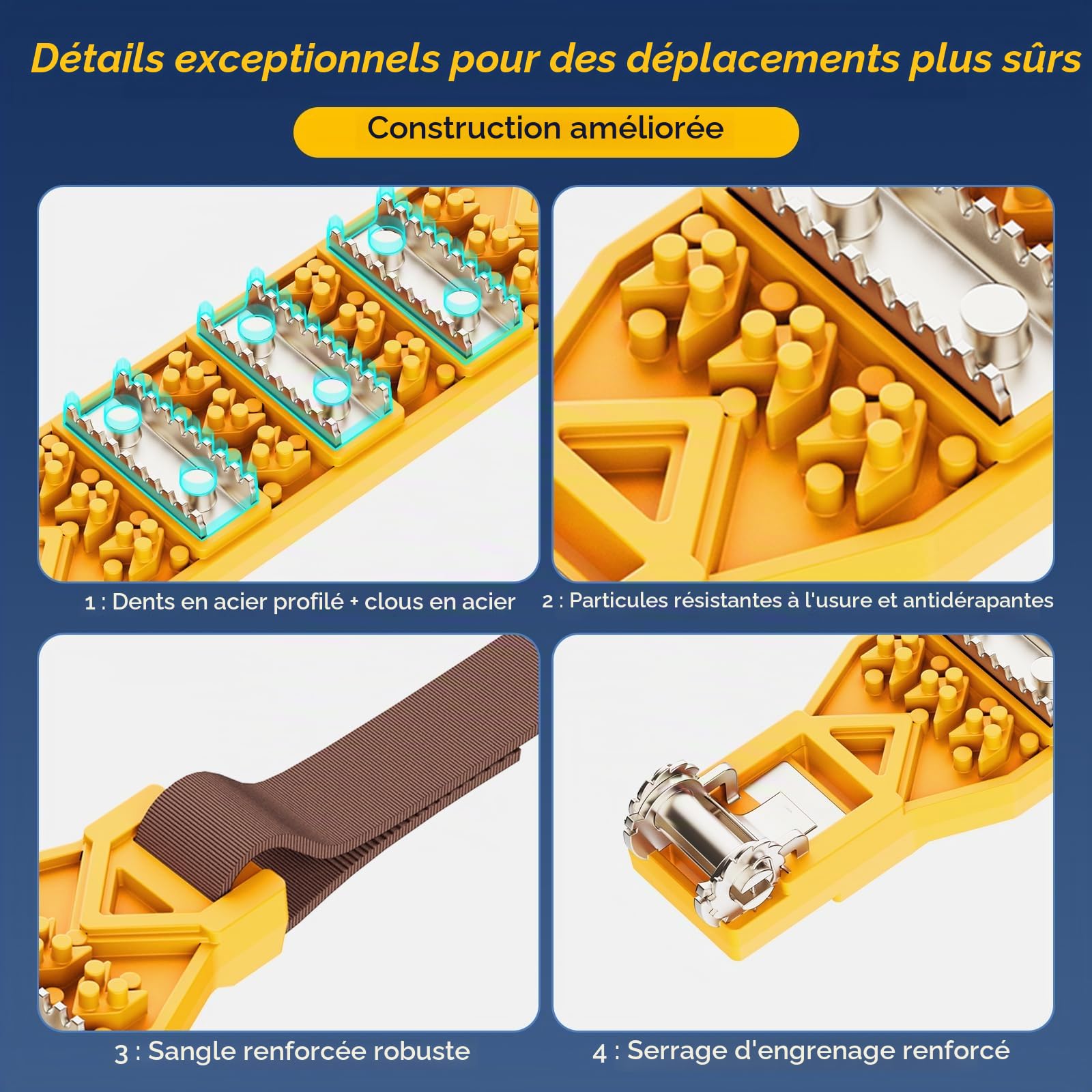 Chaînes à Neige 8 Pièces Anti-Dérapantes et Réglables pour Pneus 165-255 mm - Facile à Installer, à Picots, pour Voiture, SUV, Camion (Jaune)