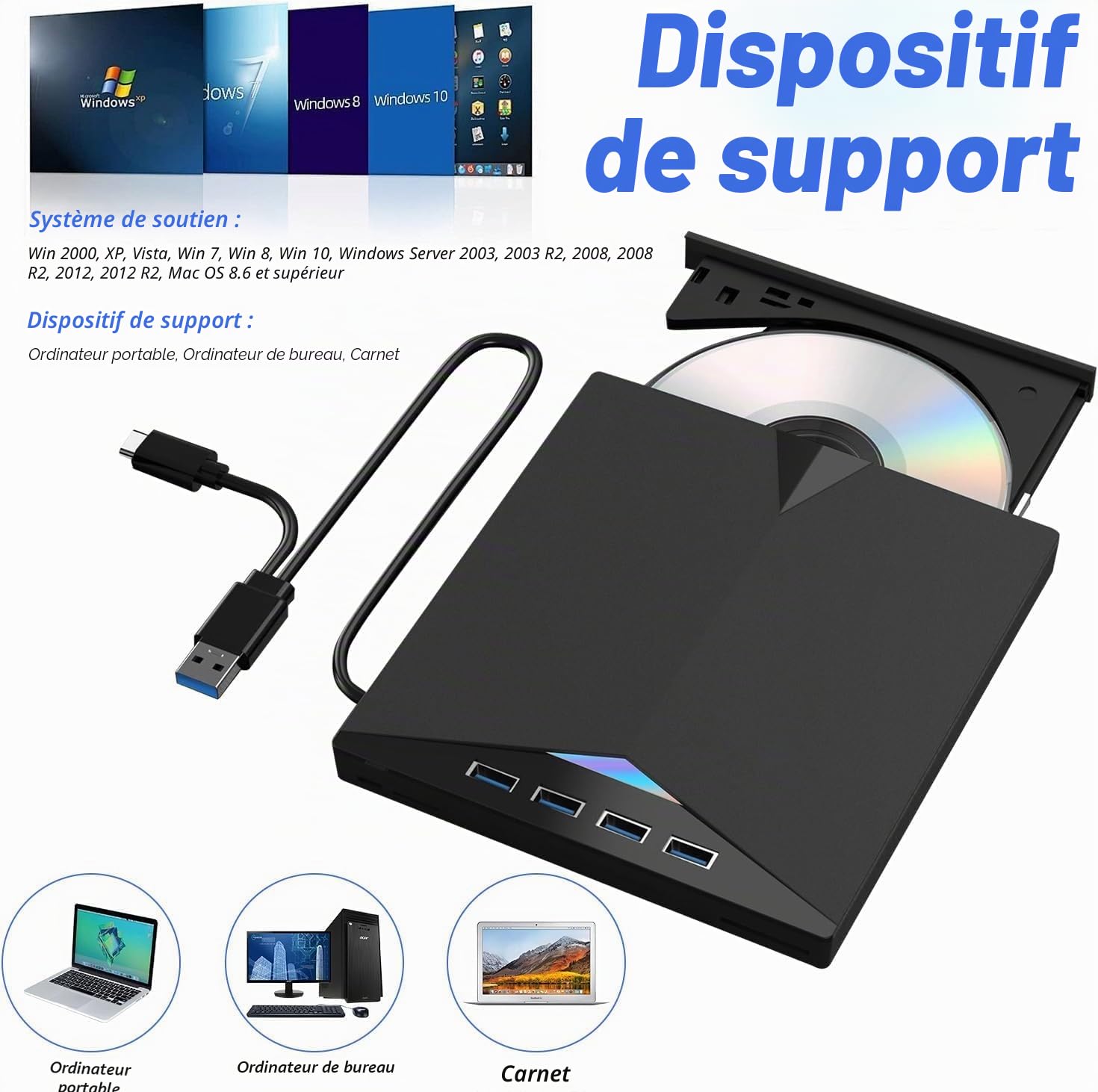 8 en 1 Lecteur Blu-Ray Externe - Lecteur DVD/BD Graveur Blu Ray avec USB 3.0 Type-C, Portable Lecteur Blu Ray Externe, 3D CD DVD Graveur Optical Bluray Drive pour PC Windows 11 10 8 7