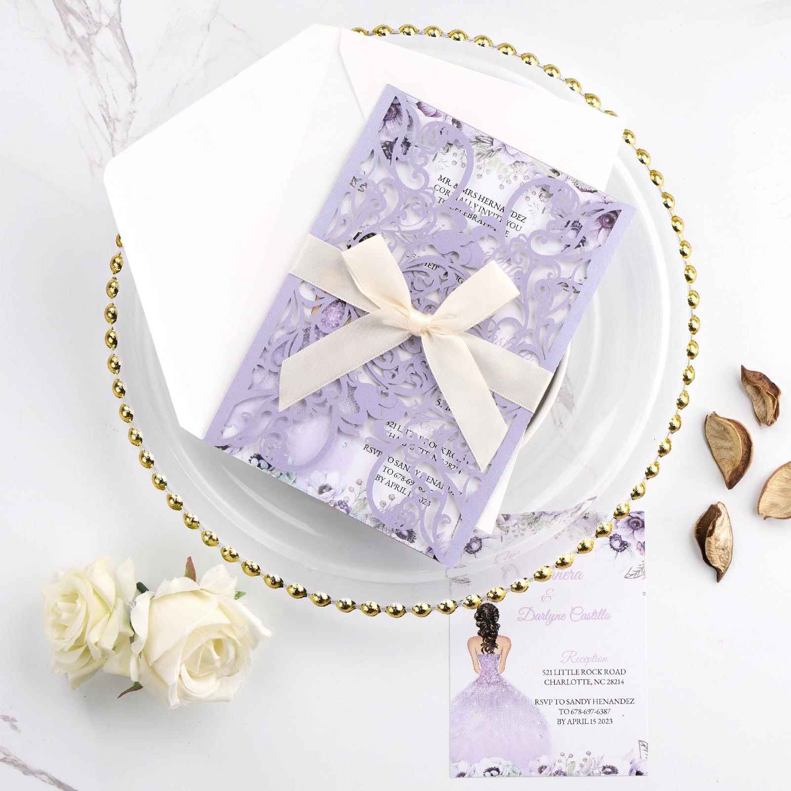 Hochzeitseinladungen mit Umschlägen und RSVP-Karten, lasergeschnitten, Violett, blanko, Hochzeitseinladungs-Set, personalisierte Quinceanera-Karte für Babyparty, Brautparty, Abschlussfeier, 16