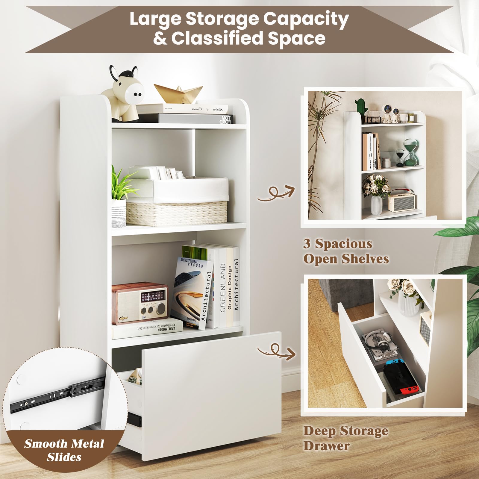 HOMASIS Bücherregal mit 3 Ebenen & Schubladen, Standregal aus Holz, offenes stehendes Regal, Bücherschrank Aktenregal Aufbewahrungsregal Anti-Kipp für Wohnzimmer Büro Küche, 55 x 29 x 105 cm (Weiß)