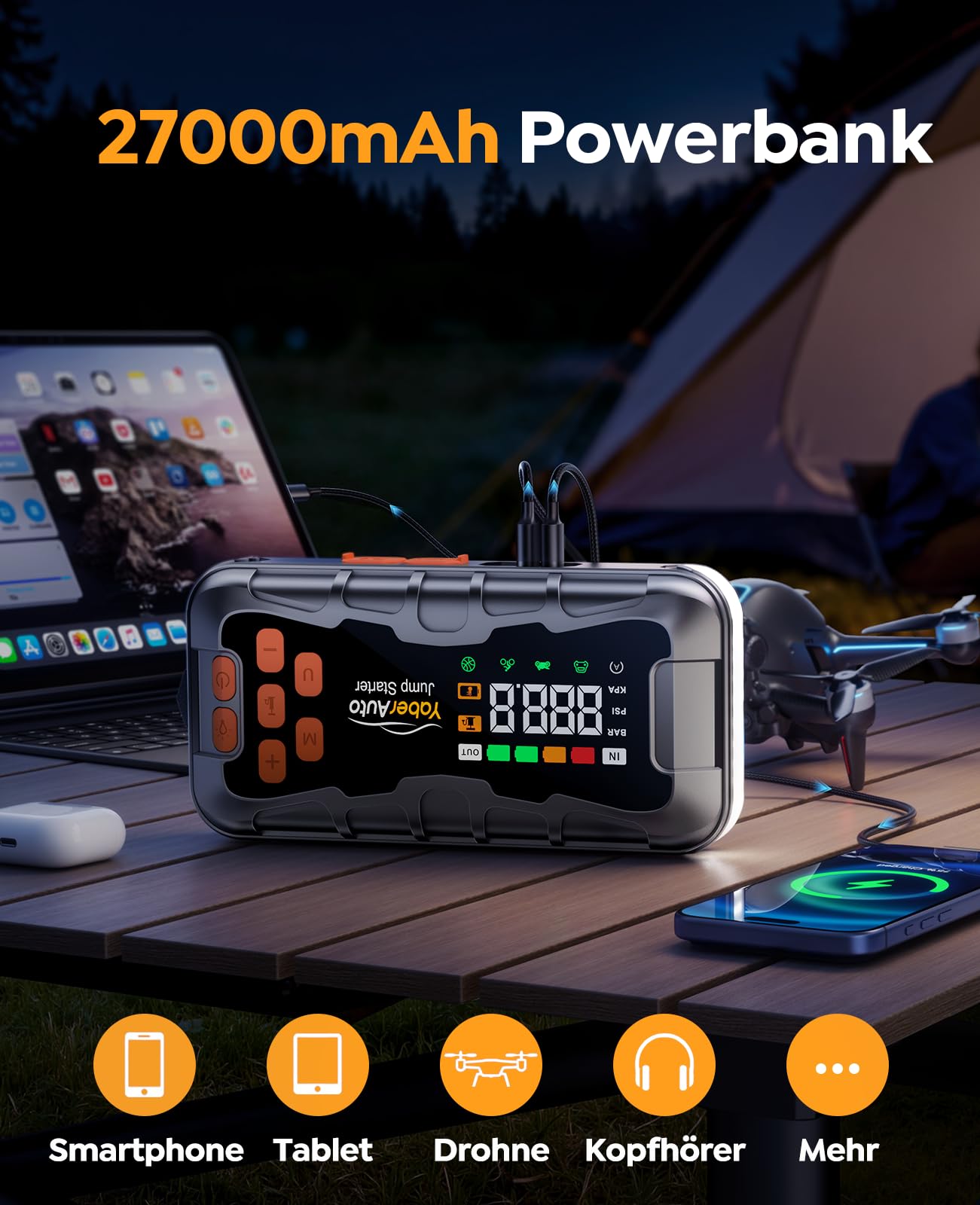 16 in 1 7000A Starthilfe Powerbank für Pkw mit Kompressor 160PSI, 27000mAh Auto Starthilfe für All Benziner und 12.0L Diesel, Starthilfe mit 800 Lumen 4 Modi Licht, Nothammer und Notfall Werkzeugset
