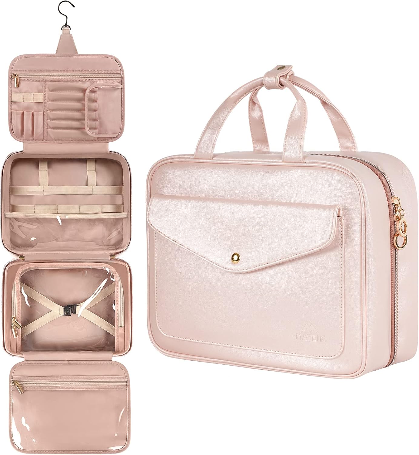 Toiletry Bag, Hanging Travel Makeup Bag for Women, Large Waterproof Cosmetic Bags Travel Organizer Full Sized Container with Elastic Band Holders for Toiletries, Cosmetics, Brushes, Bottle, Pink : Clothing, Shoes & Jewelry