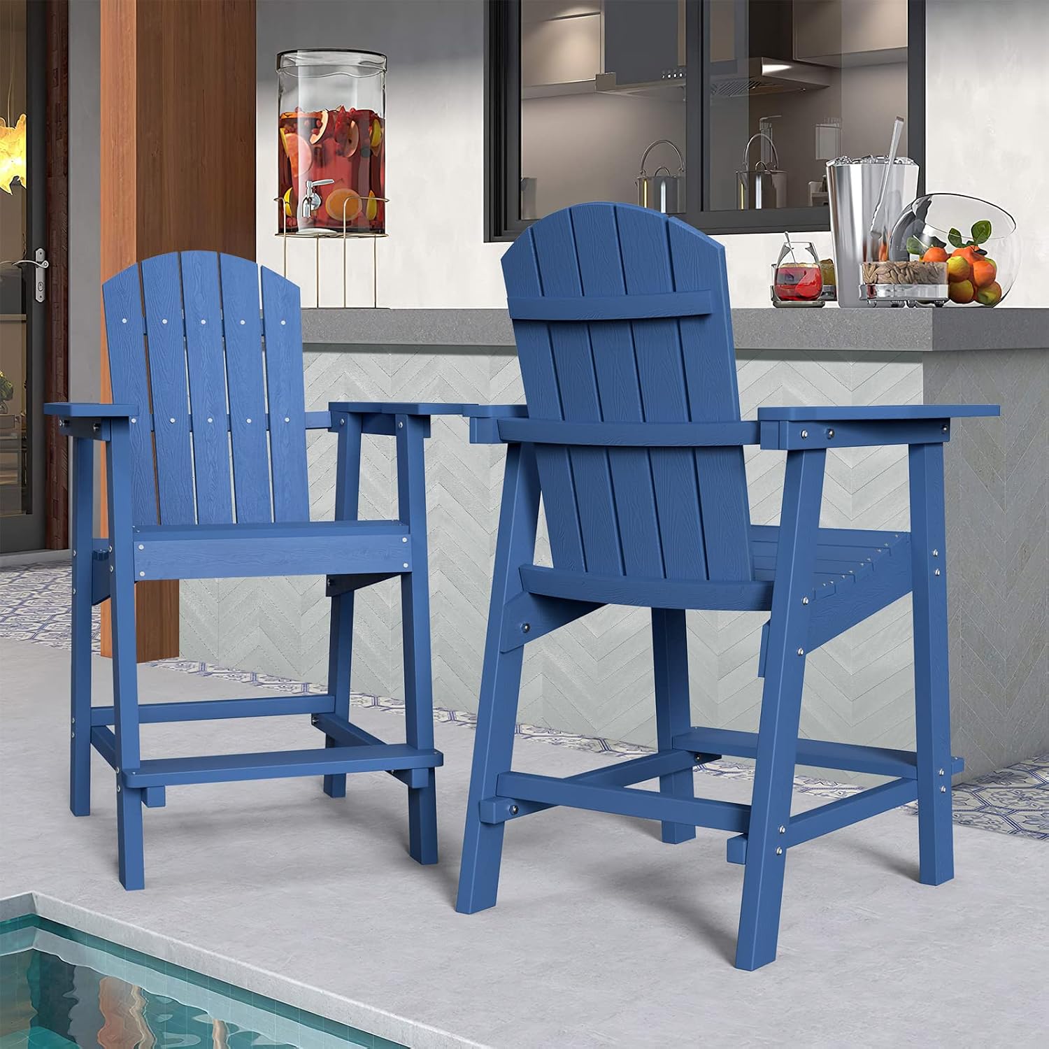 DWVO 25" Tall Adirondack Chair, Poly Bar Height Balcony Chairs, Weather-Durable Outdoor Barstool Lifeguard Chair for Deck Pool Patio and Porch, Navy Blue