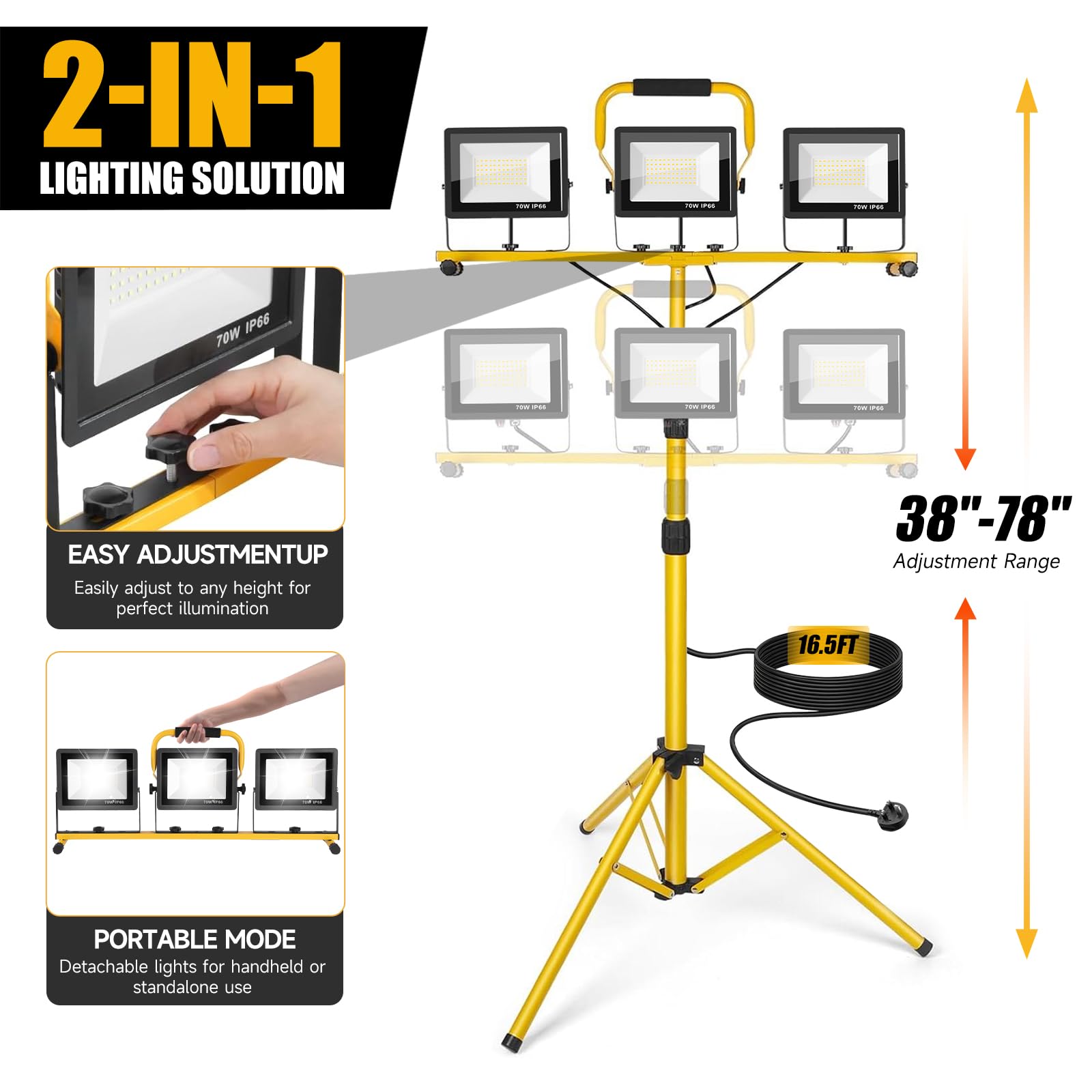 210W Foco led Trabajo con Trípode, 21000LM 6500K Lámpara de Trabajo con Cable de 5m Interruptor Individual, IP66 Lámpara Impermeable para Obras/Talleres/Garajes Altura Ajustable 200cm