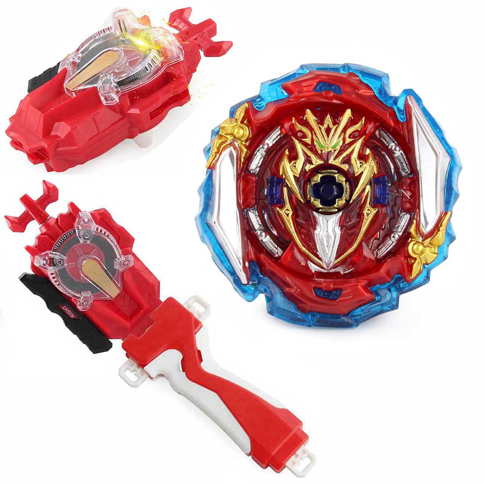 Battling Toys Burst Booster SuperKing B-173 01 Infinite Achilles Dm' 1B Starter with Battling Sparking Launcher Burst Bey Launcher LR (Left & Right Turning)+Sparking Launcher Grip(Red)