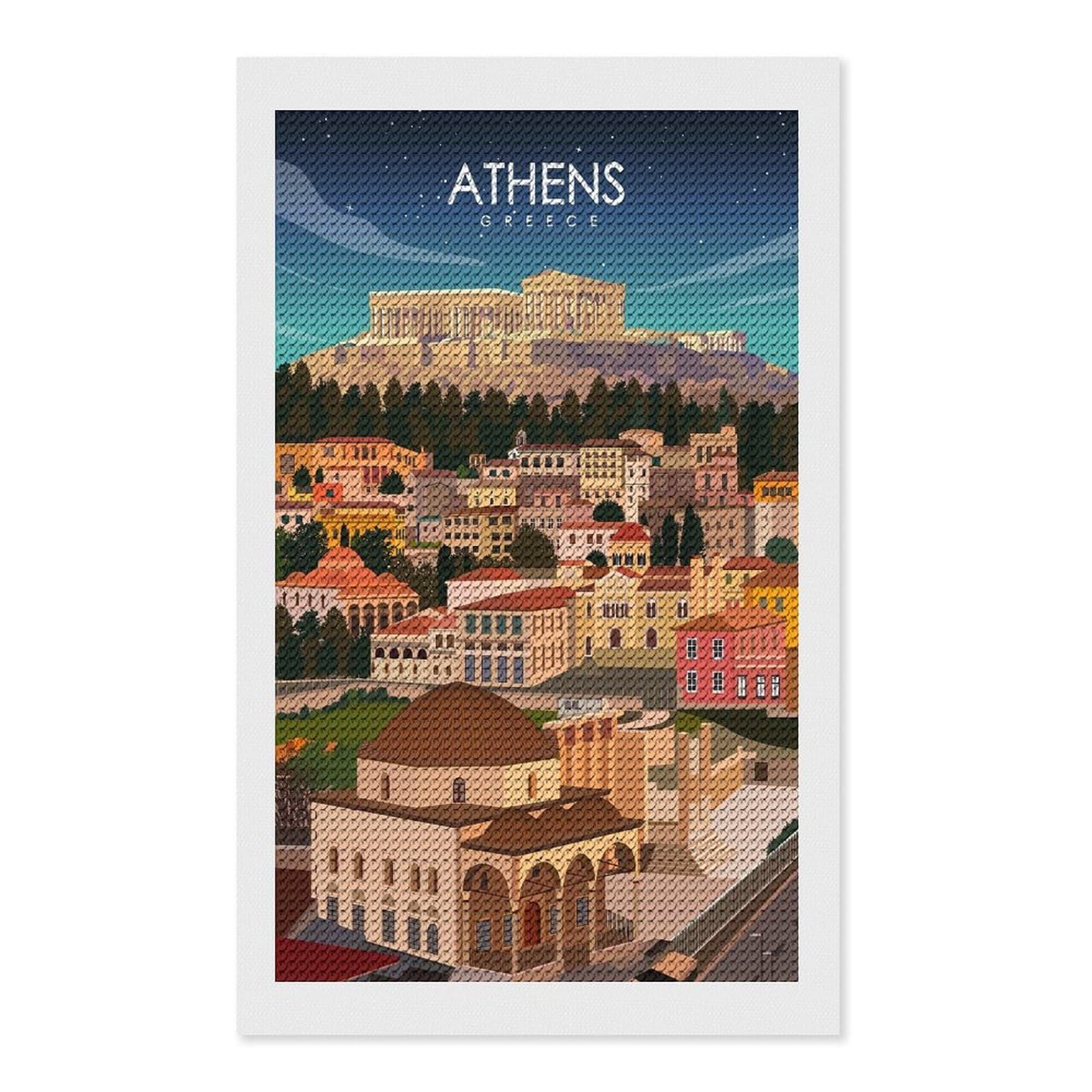 Junmoney Athens Greece Travel Art DIY Diamond Art Canvas Kit 12"x20", Pleasing Wall Art Project, Easy Handmade Project, Living Room Decor