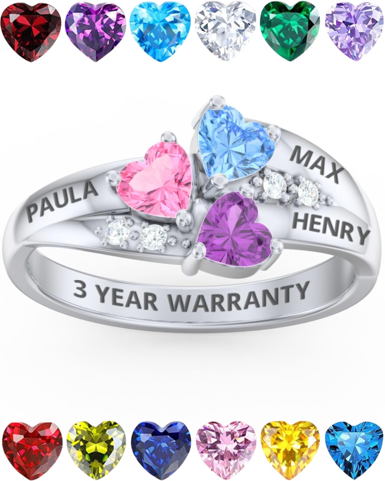 Mothers Ring with 3 Birthstones, Custom Engraved Birthstone Ring for Women in Sterling Silver or White Gold – Personalized 3 Heart Birthstones, Sizes 5-12