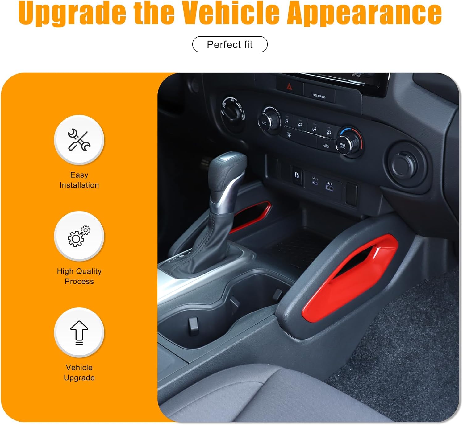 2PCS Center Console Gear Shift Grab Handle Side Panel Cover Trim Frame Compatible with Nissan Frontier 2022-2025 ABS Gear Shift Side Panel Trim Frame Protection Anti-Scratch Sticker (Red)