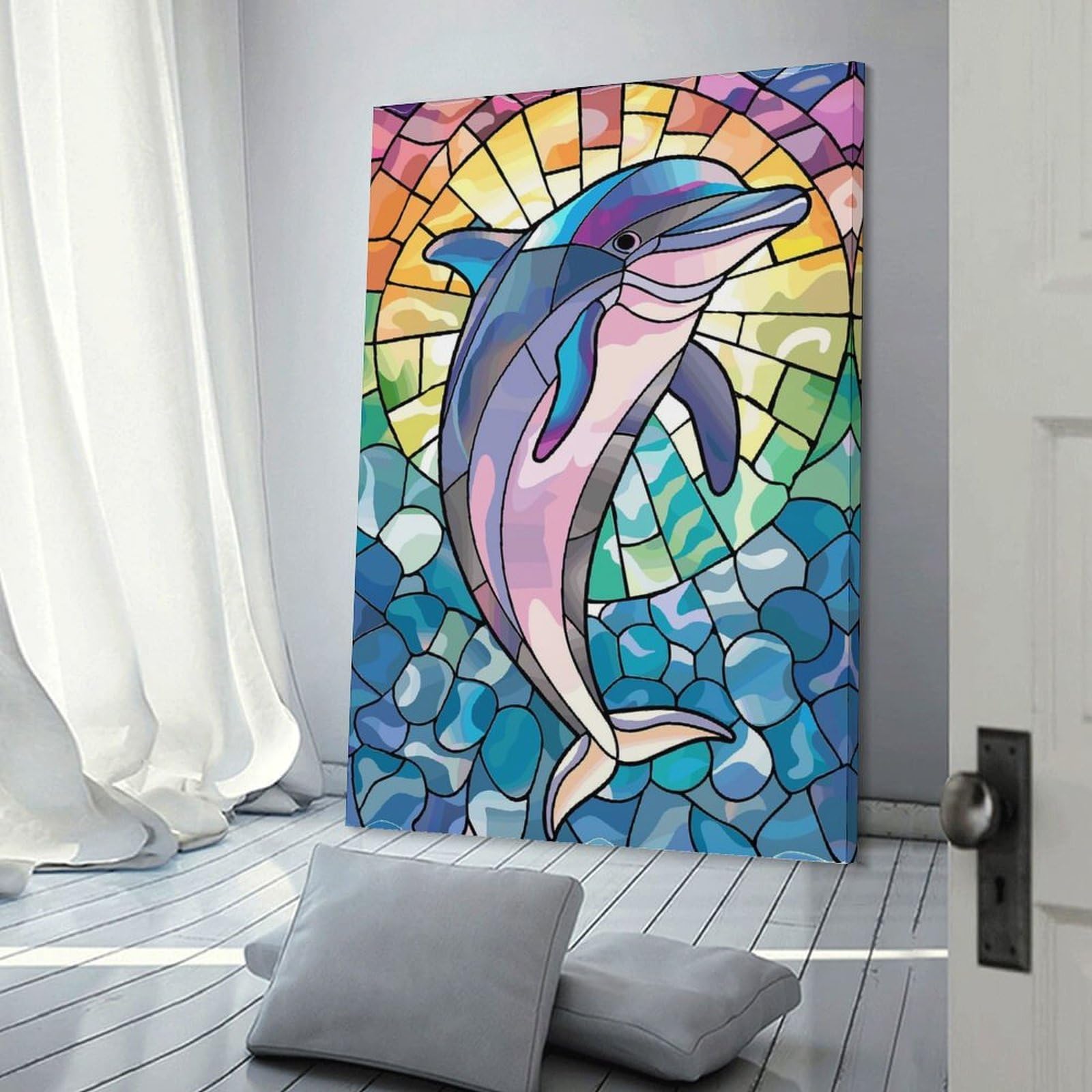 Junmoney Stained Glass Dolphin in Waves Decorative Wall Artwork, 08x12inch(20x30cm), for Corridors, Hallways Or Apartment Entries, Home Artwork for First Impressions