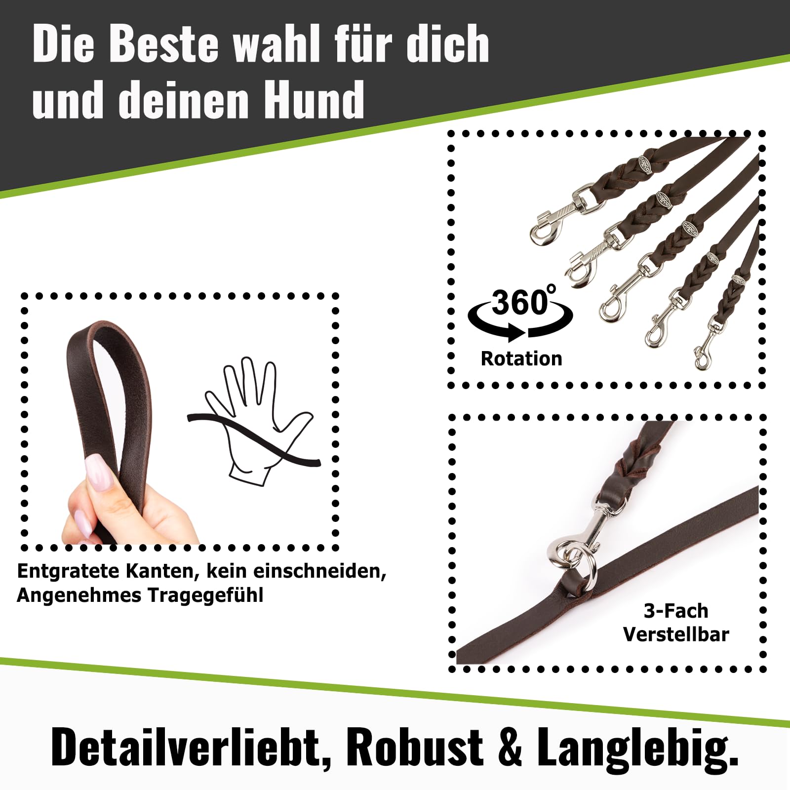 Hundeleine Leder 2,40m mittelgroße Hunde Fettlederleine [3-Fach Verstellbar] Lederleine geflochten – robuste Leine Hund mit Chrombeschlägen – Führleine Hund & Freihandleine – Dog Leash Braun 15mm