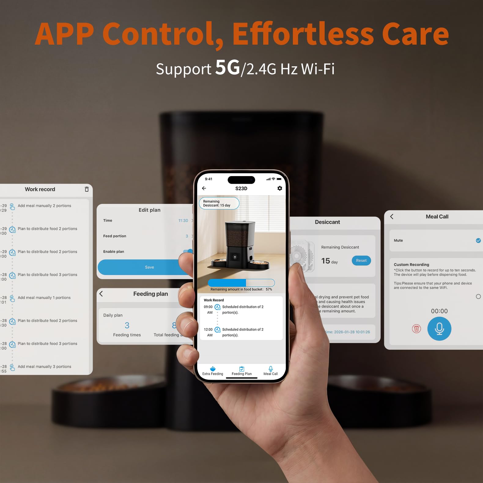 HoneyGuaridan Distributeur Croquettes Chat Automatique, 5G/2.4G WiFi Distributeur Automatique de Nourriture pour Chats/Chiens, Scellé pour Garder la Fraîcheur, 1 à 6 Repas/Jour