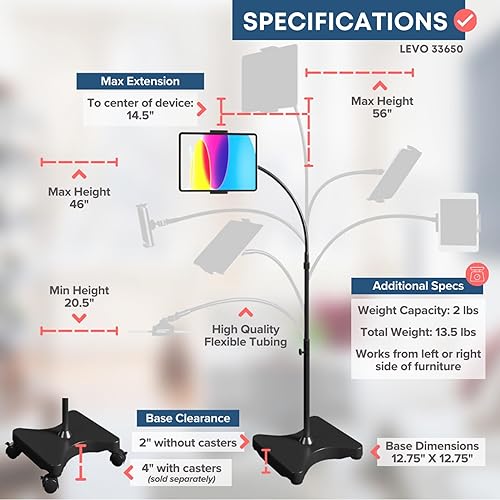 Miniatura 7 de LEVO Soporte de piso de altura ajustable para tableta y teléfono, soporte de cuello de cisne con base estable, compatible con todos los teléfonos