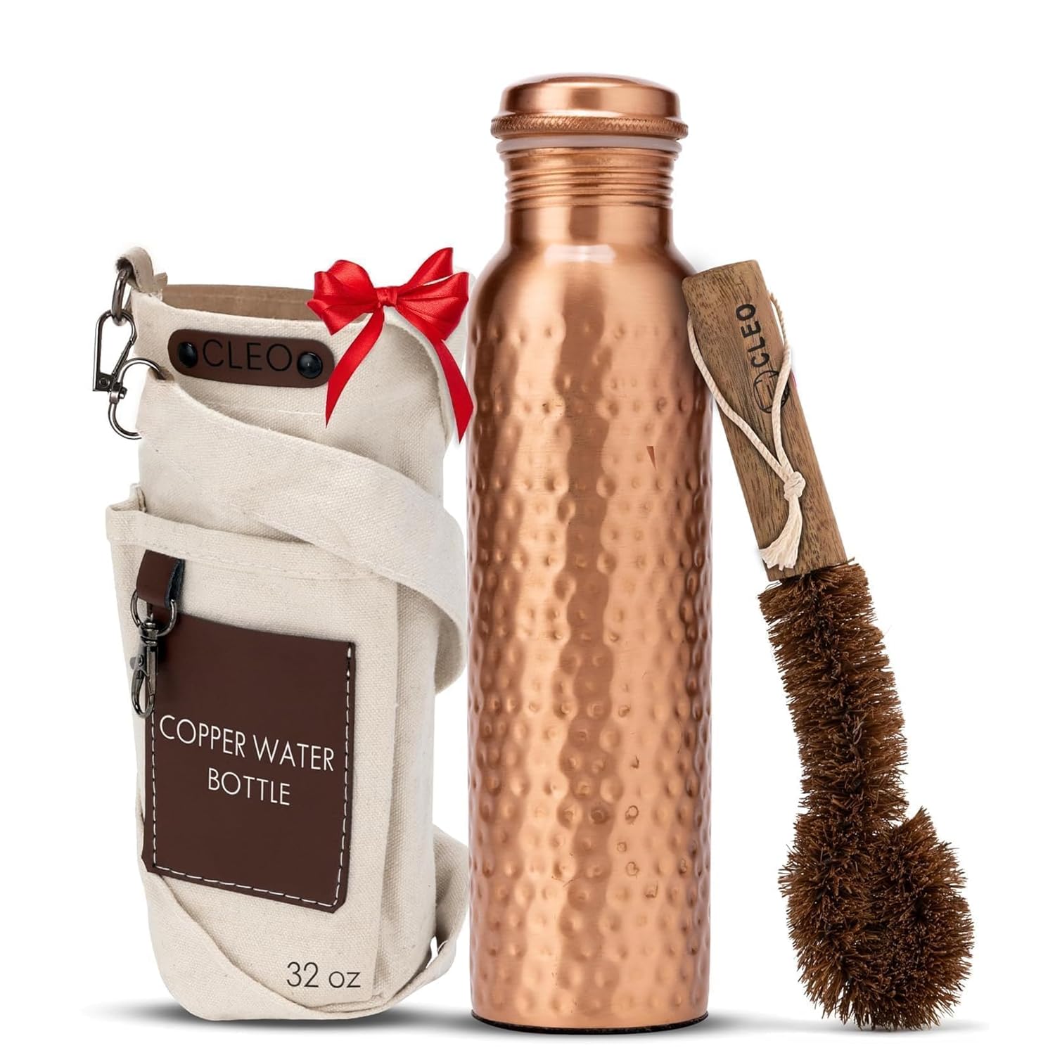 CLEO HOME (32 Oz/950 ml) Handcrafted Hammered-100% Ayurvedic Copper Water Bottle with Cleaning Brush and Canvas Bag | Lab-Tested, Leak-Proof Bottle