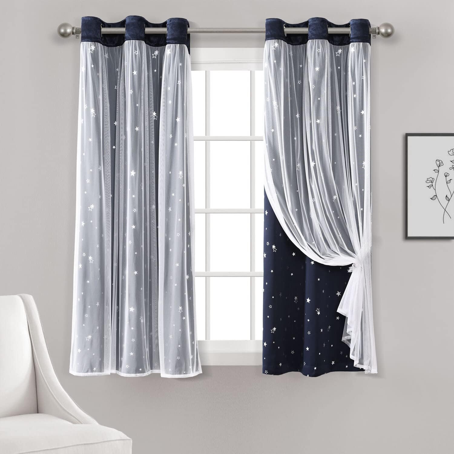 Lush Decor Star Sheer Insulated Grommet Blackout Window Curtain Panel Pair, 84" L x 38" W, Light Gray