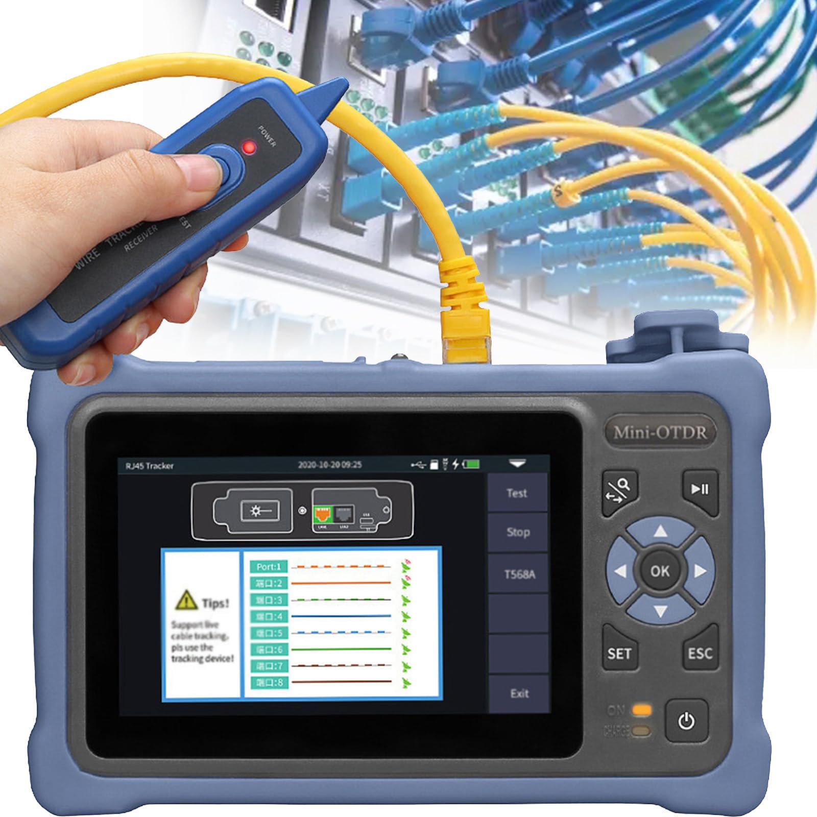 Probador de fibra óptica OTDR 1310/1550nm 26/24dB Rango de prueba 100km Pantalla táctil de 4,3" Soporte OPM VFL OLS Mapa de eventos Prueba RJ45 Tarjeta TF de 8 GB Conector de software de análisis