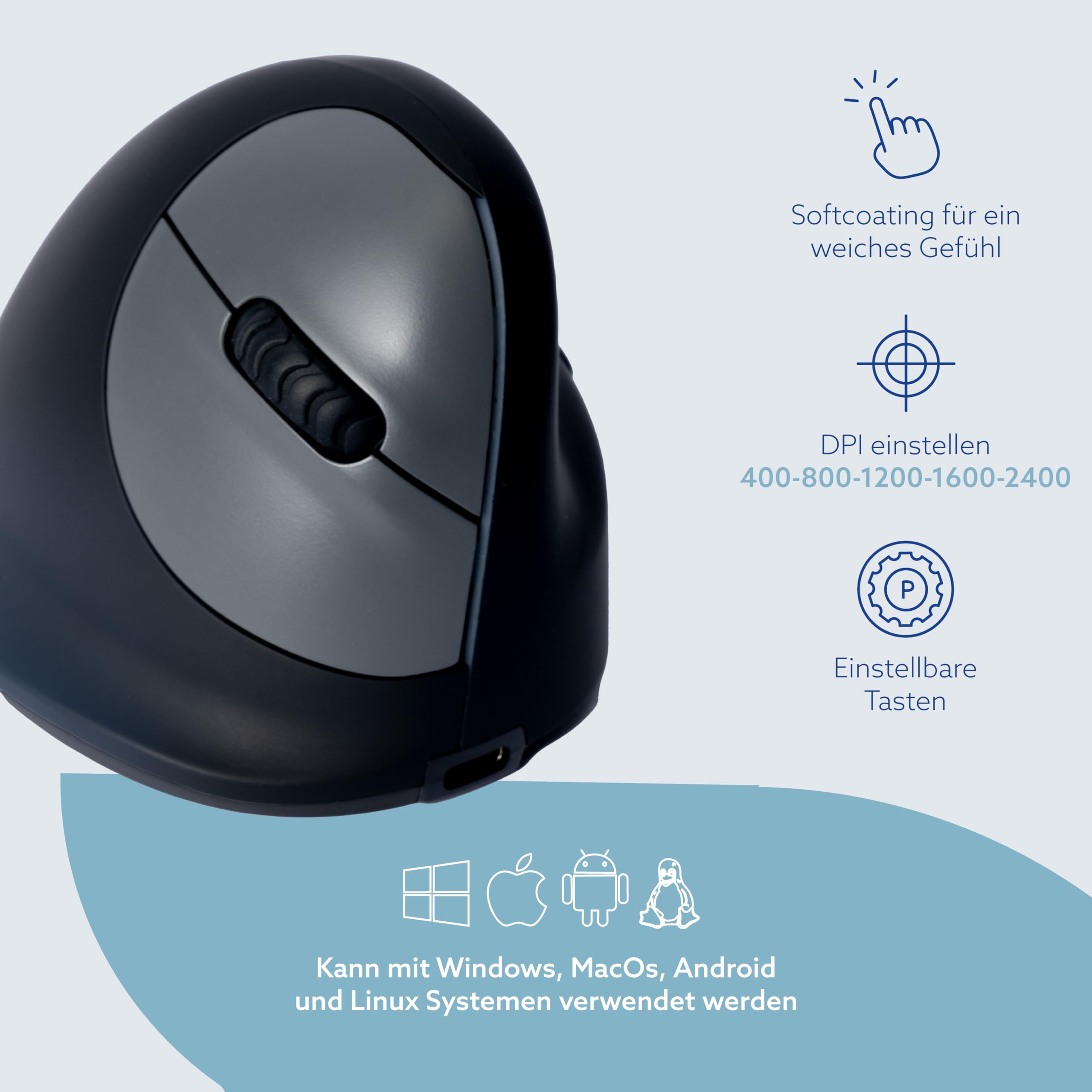 R-Go HE Ergonomische Maus, Bluetooth 5.0, Silent funkmaus, Kompatibel mit Anti-RSI-Software, Vorbeugung Mausarm, Wiederaufladbare kabellose vertikale Maus für Windows/MacOS, 5 Tasten, Schwarz