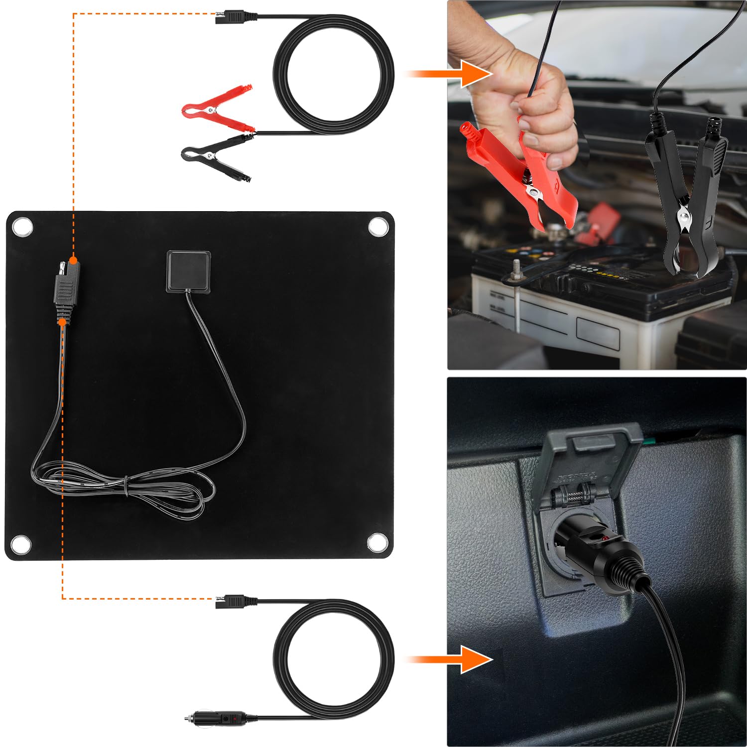 QWORK® Chargeur Solaire 10W 12V Mainteneur de Batterie pour Voiture, Moto, Bateau - Charge d'entretien, Portable avec Allume-Cigare et Pinces Crocodile