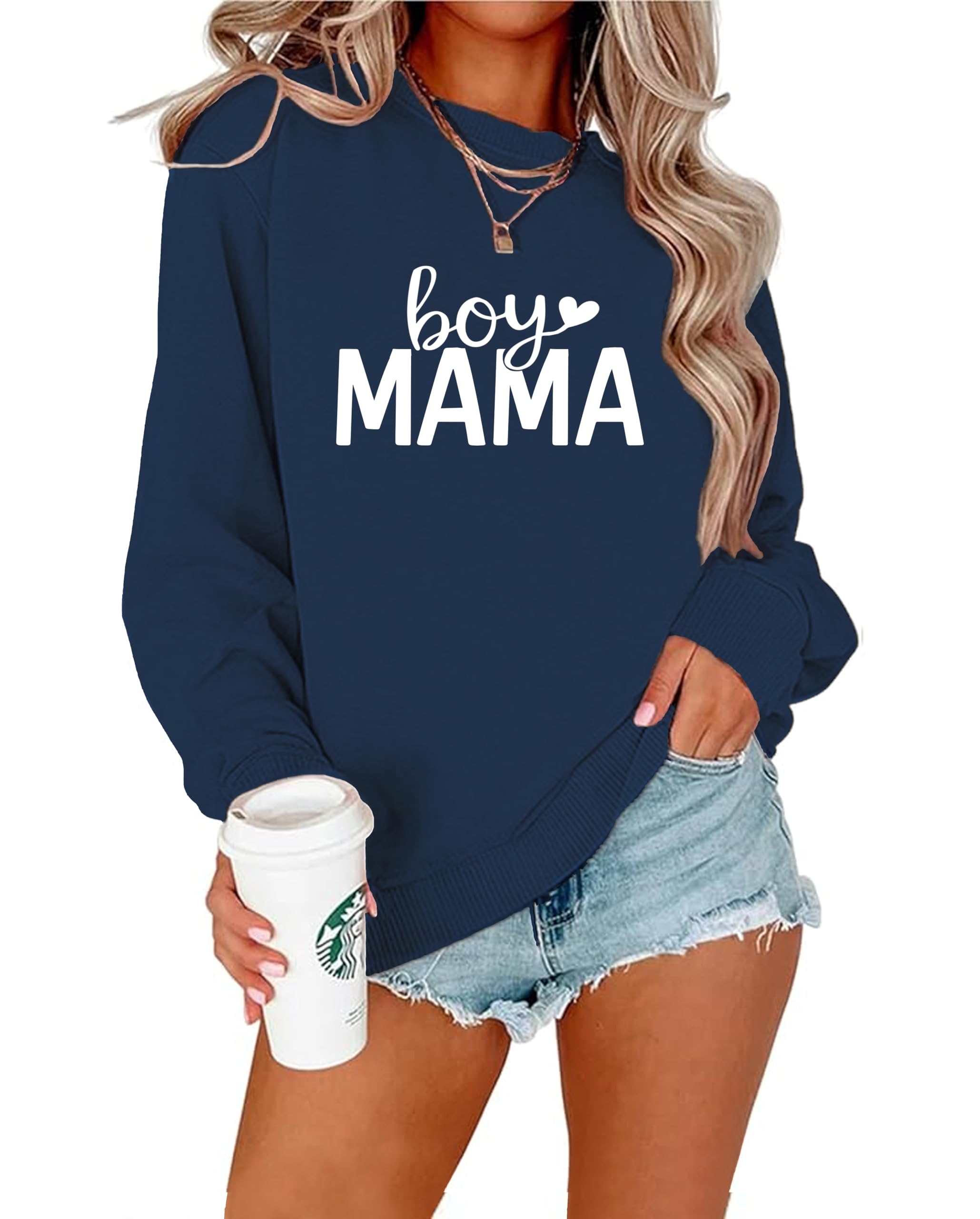 Mama Sweatshirts for Women Boy Mom Letter Print Long Sleeve Pullover Casual Crew Neck Fall Blouse Tops