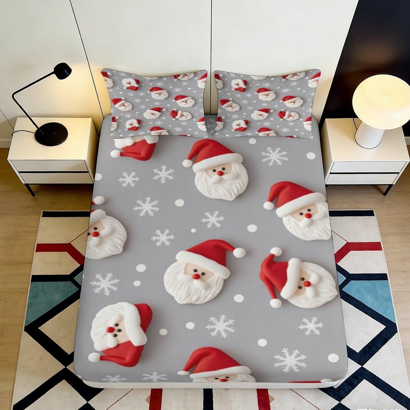 3D Printed Santa Claus Snowflake Fitted Sheet Microfiber Soft Grey Christmas Mattress Cover for Bedroom Guest Room 180x200x25cm